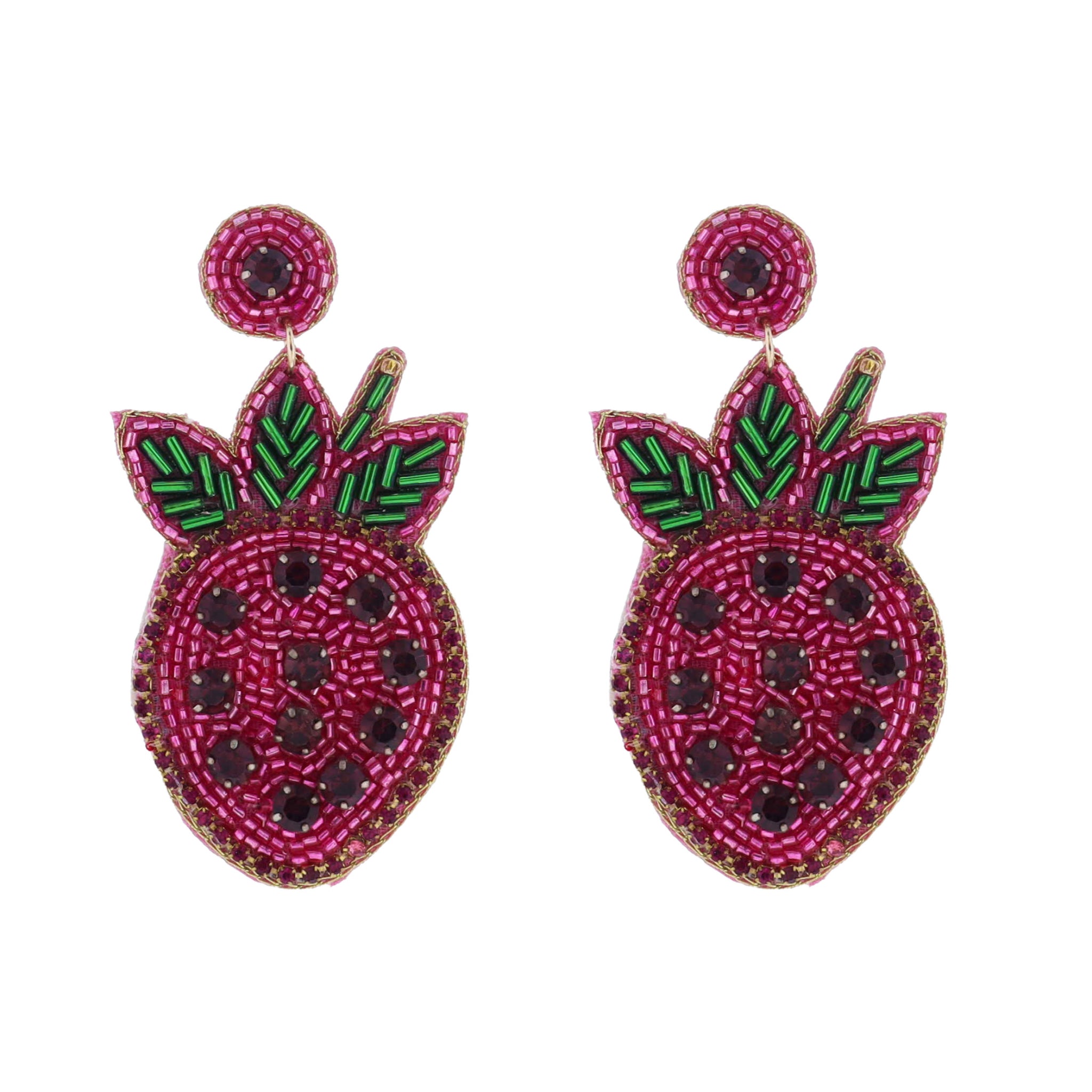 Pink, Green Beaded Strawberry Earring