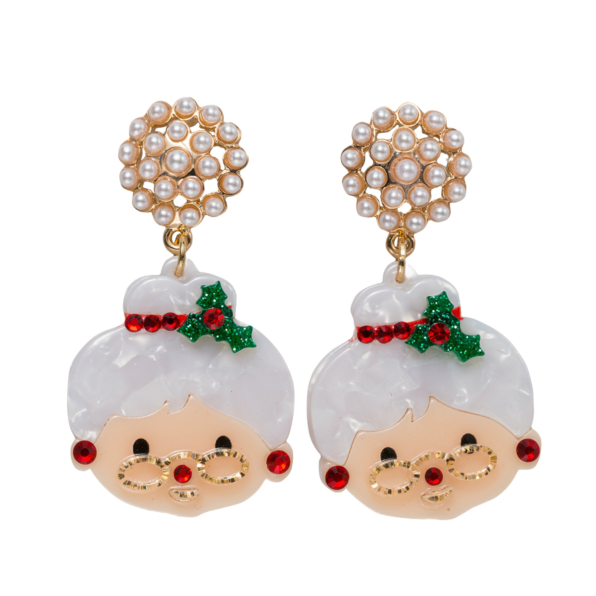 Acrylic Mrs. Claus Earring with Pearl Post