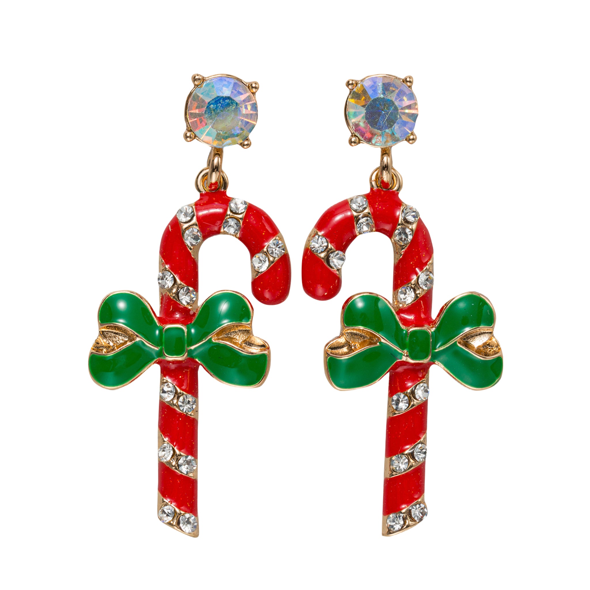 Enamel Candy Cane with Bow Earring and AB Crystal Post