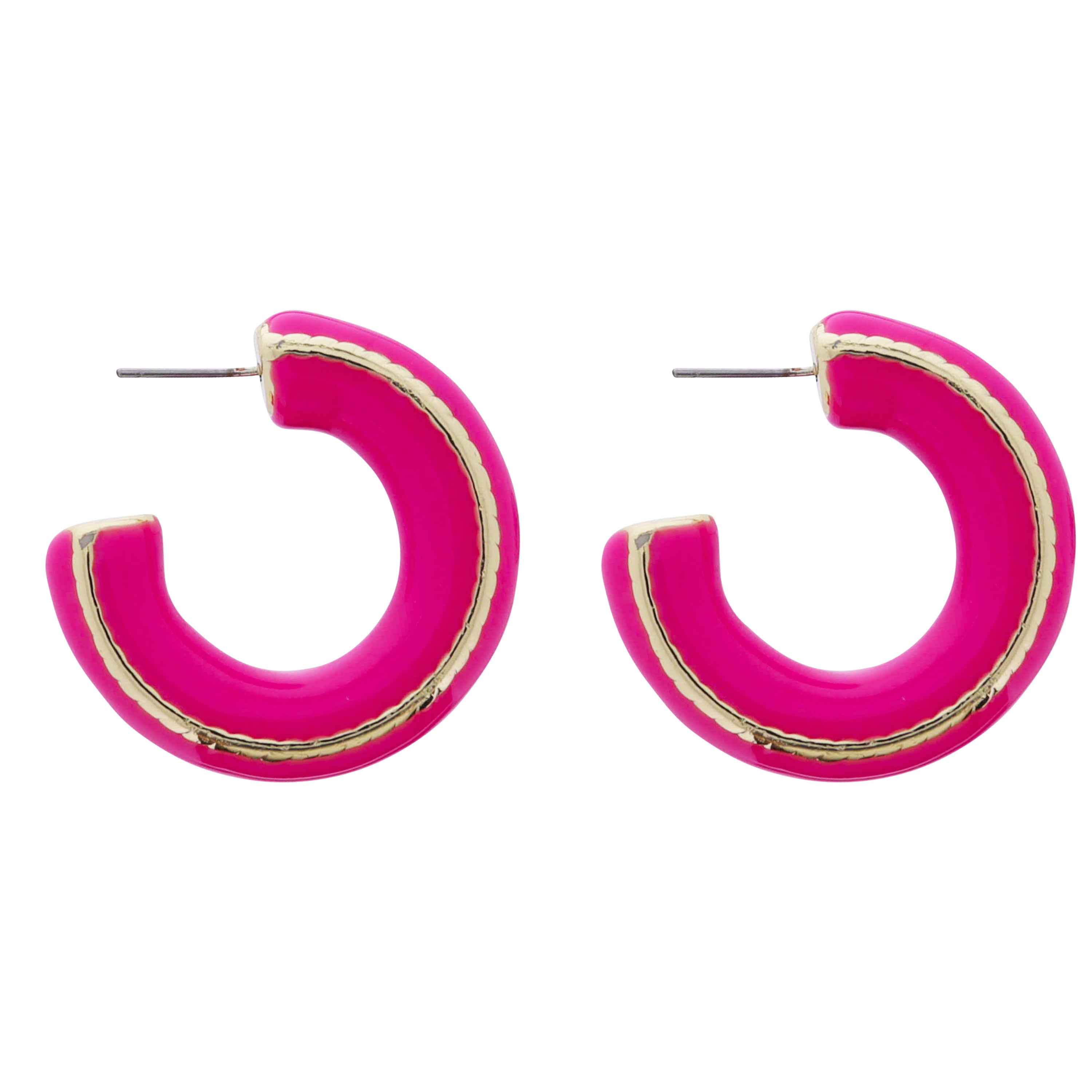 Hot Pink Enamel Hoop with Gold Stripe Accent Earring