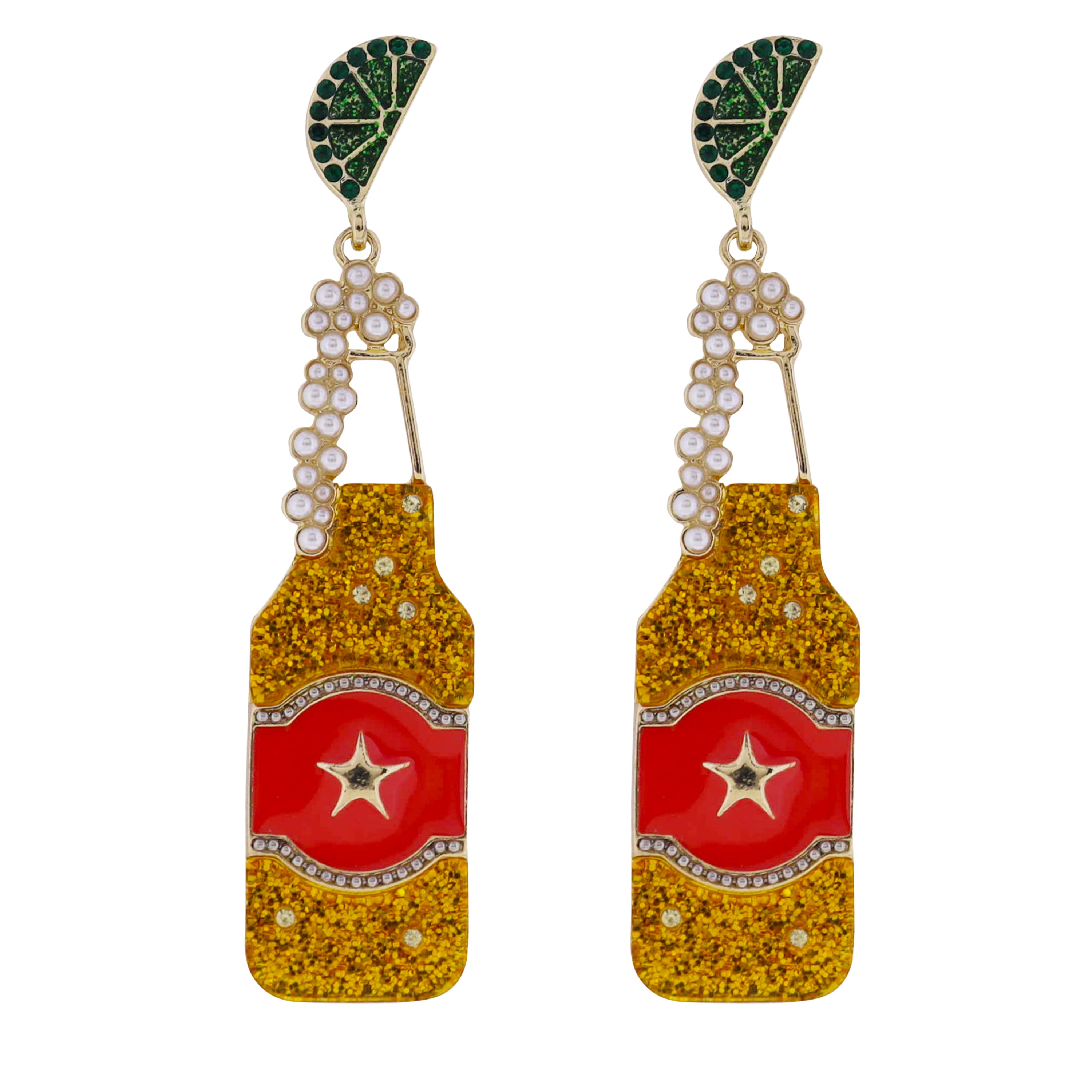 Gold Acrylic, Enamel Bubbly Bottle with Green Lime Post Earring