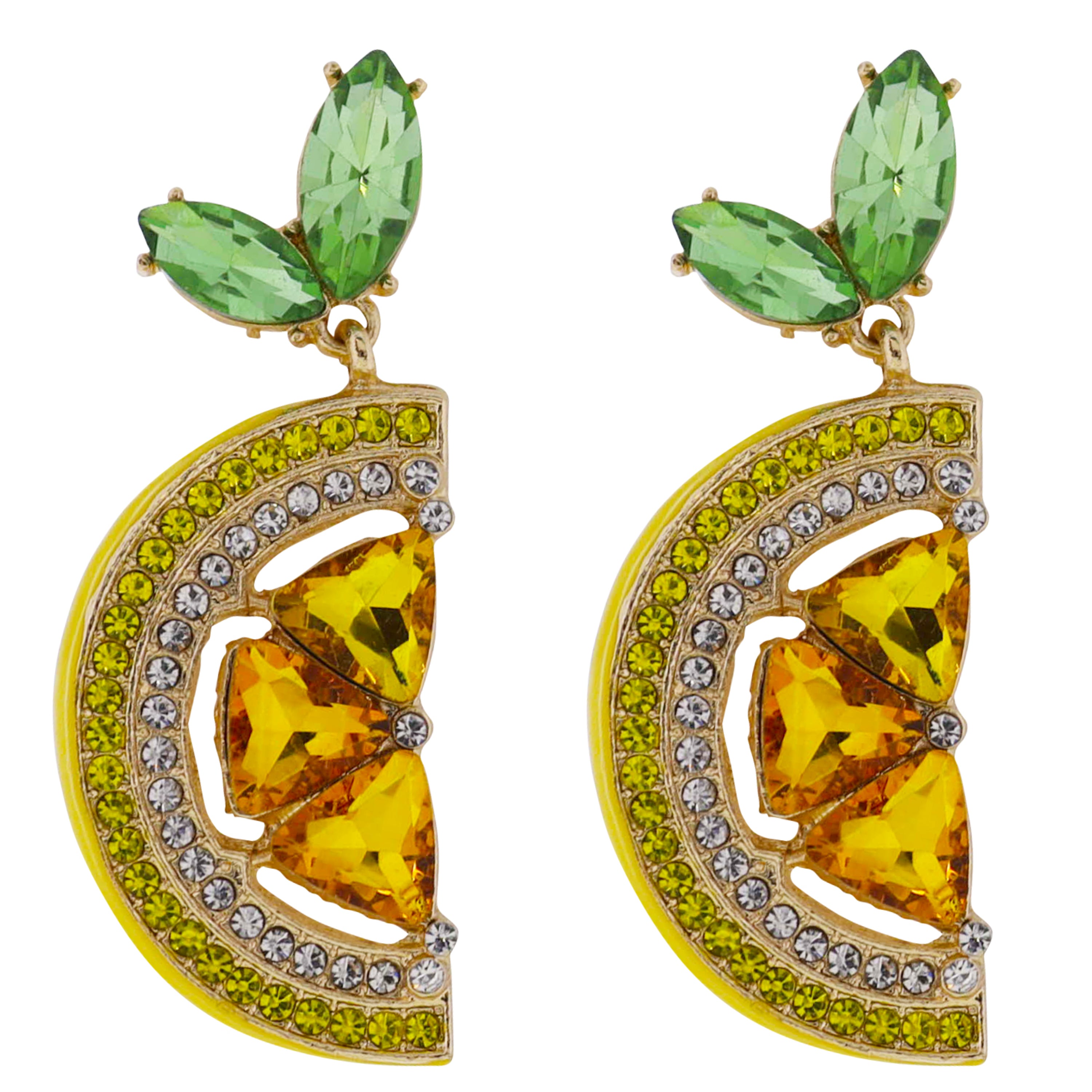 Yellow, Green Crystal Lemon with Green Crystal Leaf Post Earring