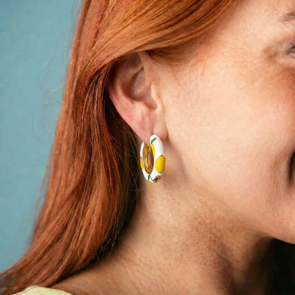 White Small Hoop with Yellow Lemons Earring