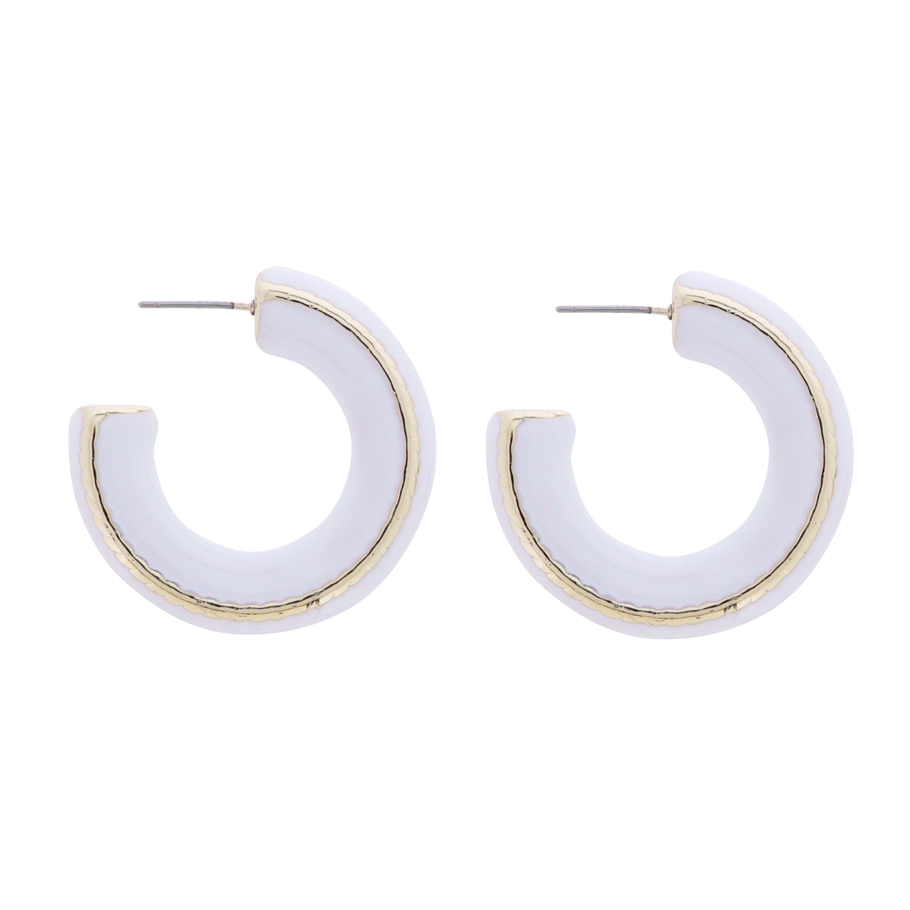 White Enamel Hoop with Gold Stripe Accent Earring