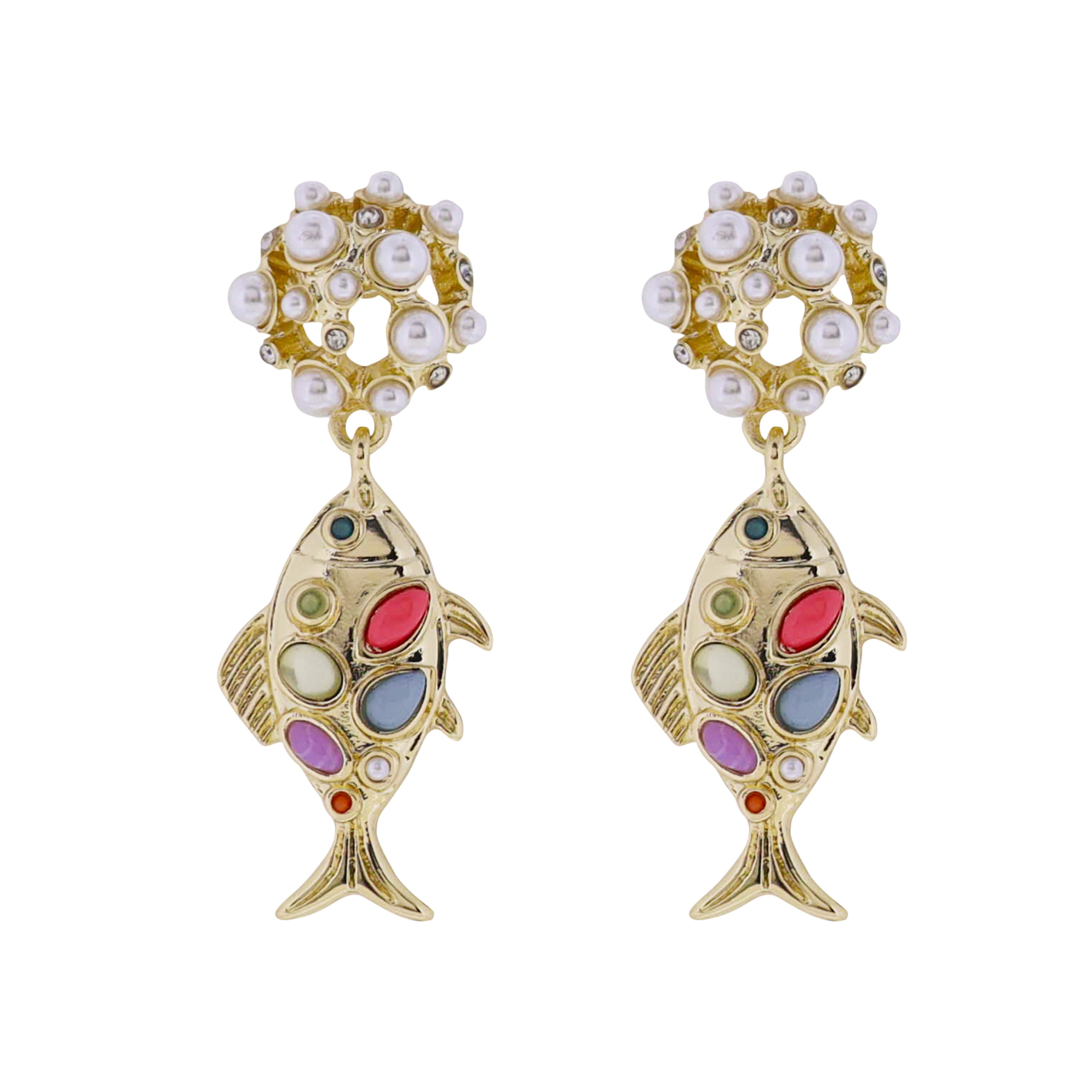 Pearl, Gold, Multi Encrusted Post with Gold Fish with Stone Accents Earring