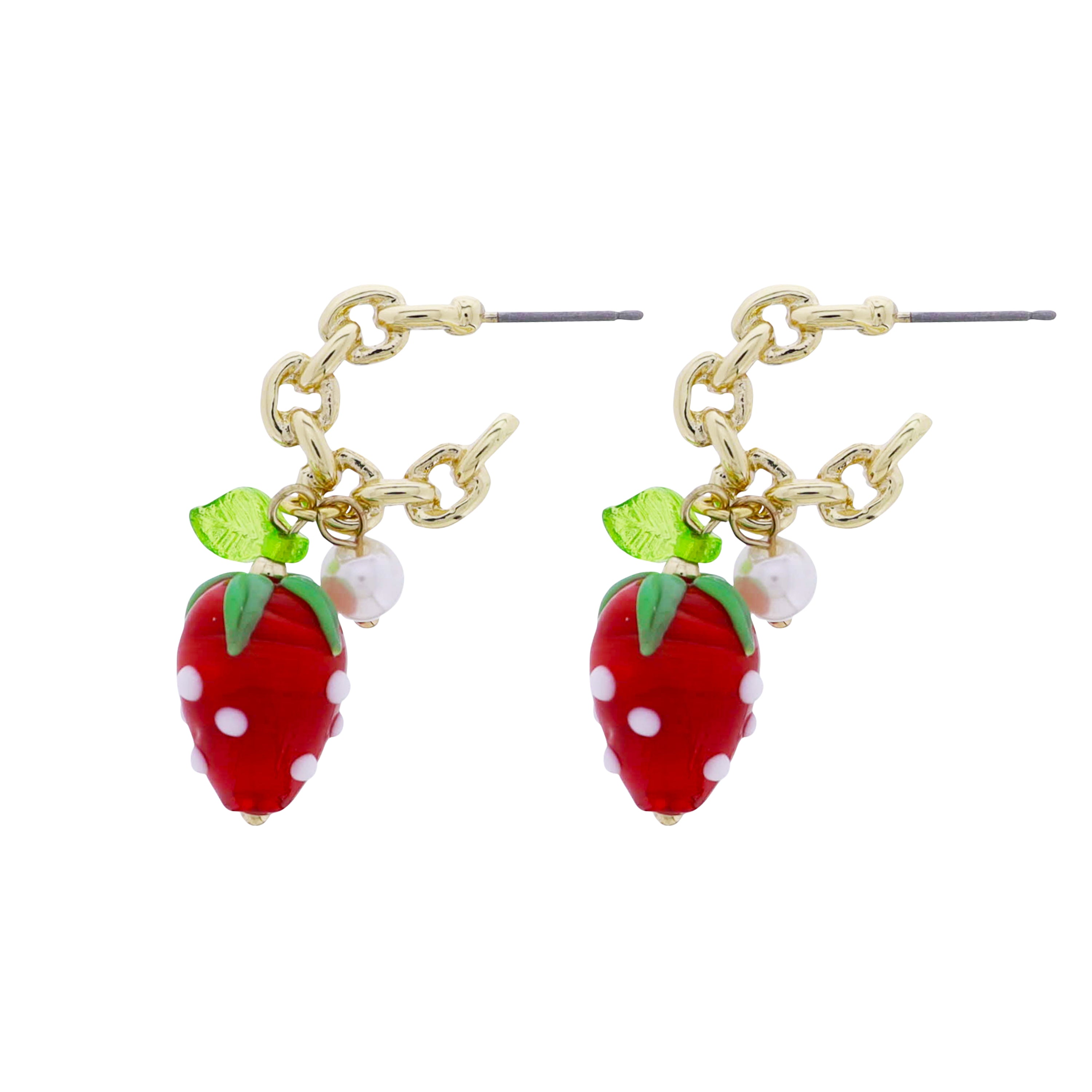 Gold Chain Link Hoop with Red Strawberry Earring