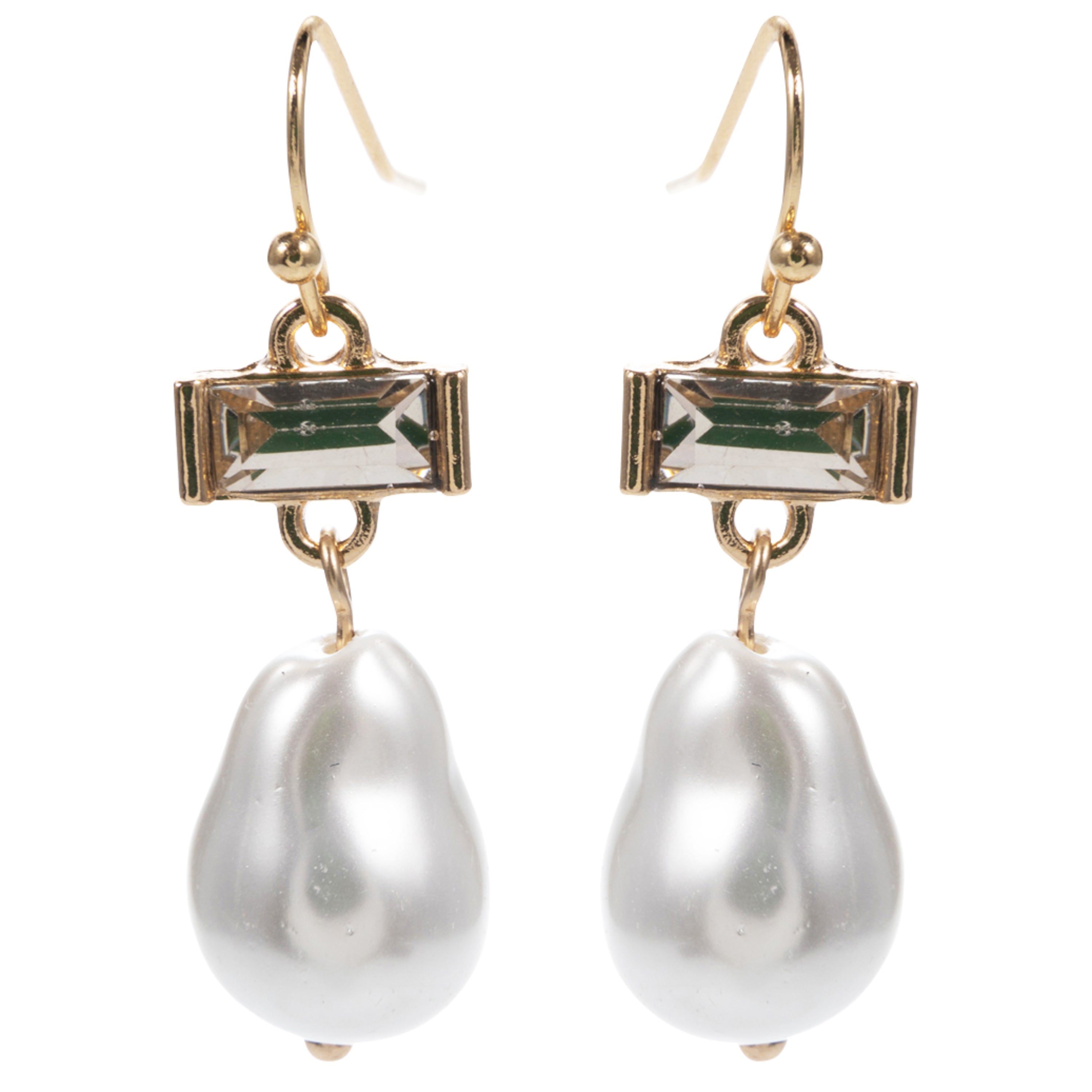 Gold Clear Rectangle Crystal Earring with Pearl Drop