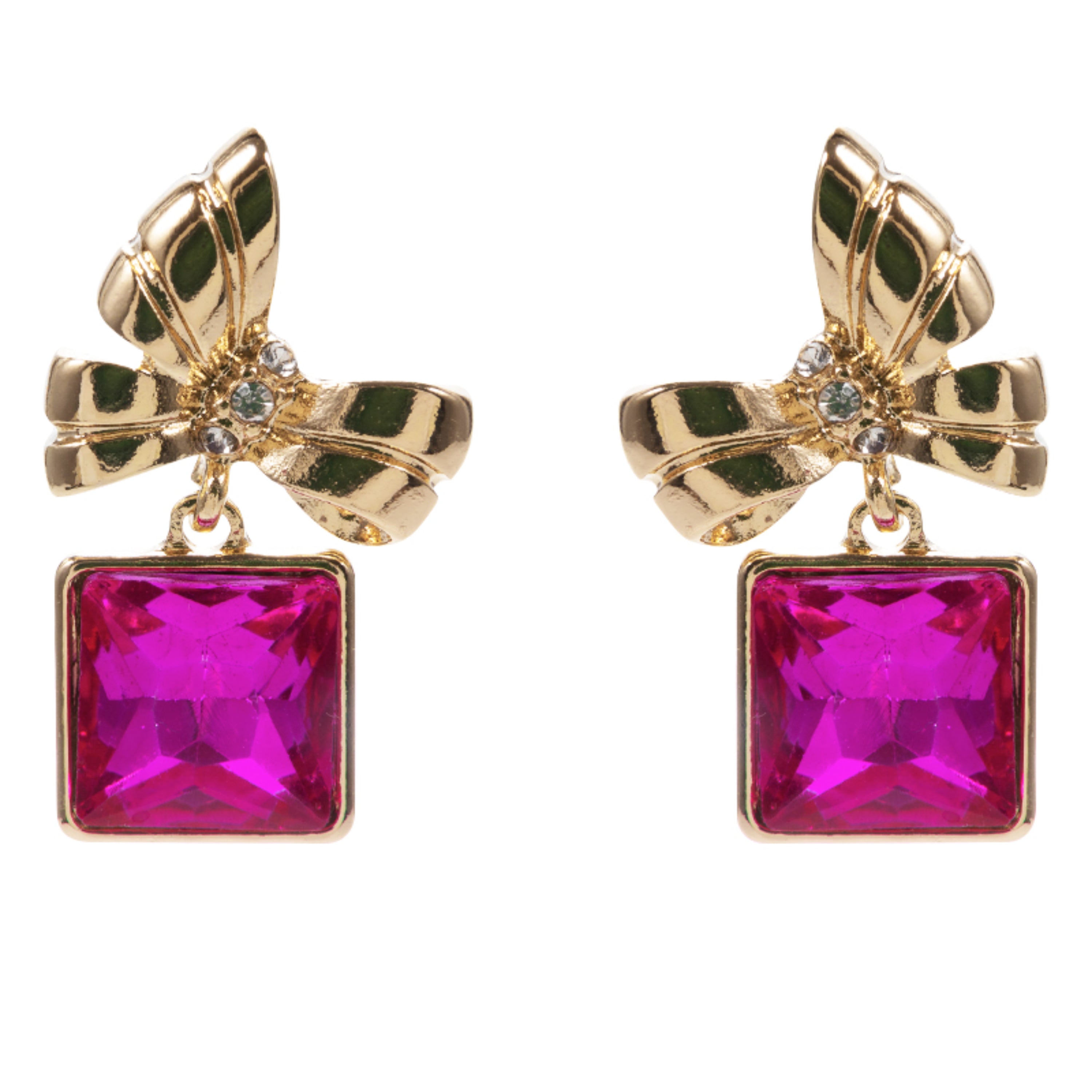 Gold Bow Earring with Hot Pink Square Crystal