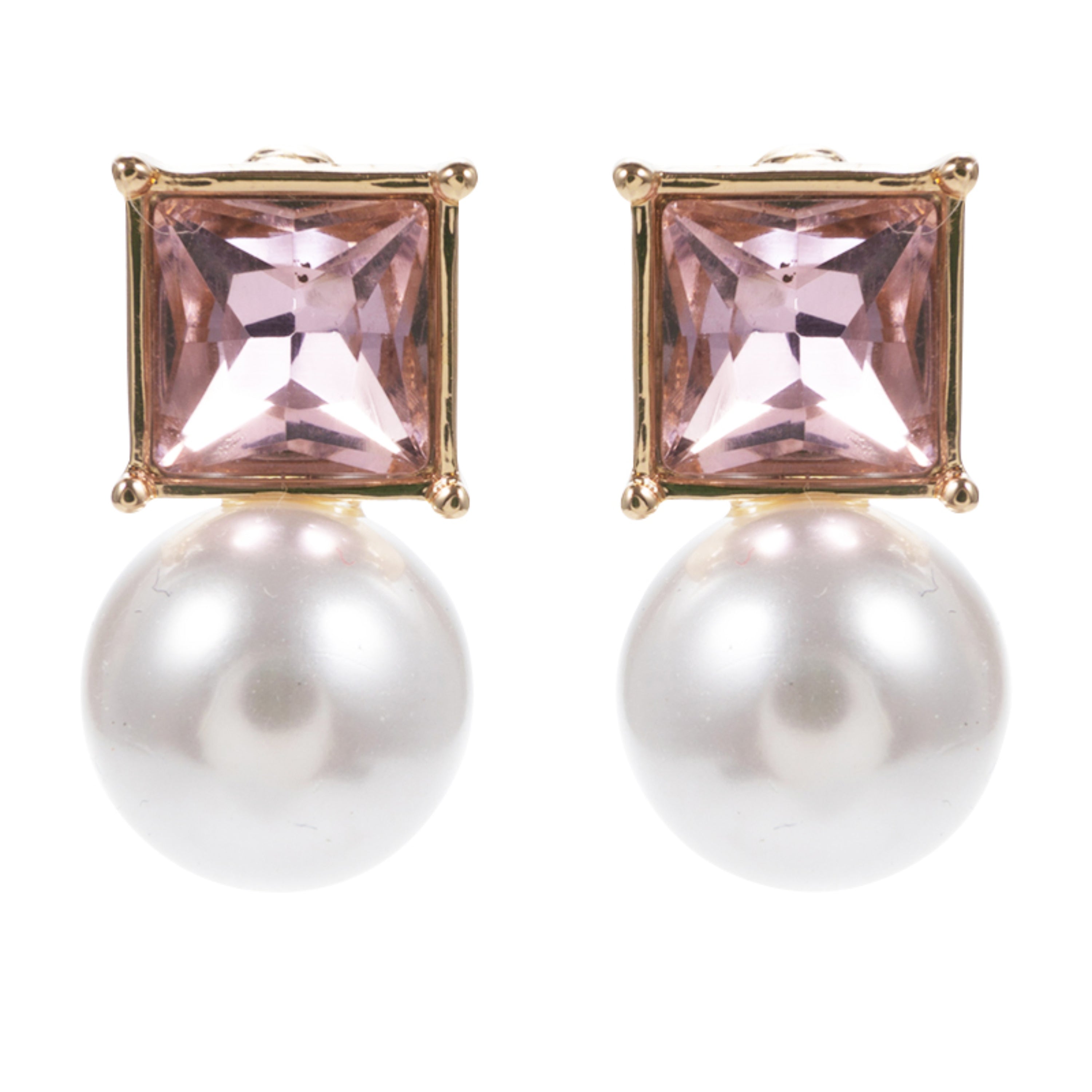 Gold Light Pink Crystal Square Earring with Pearl