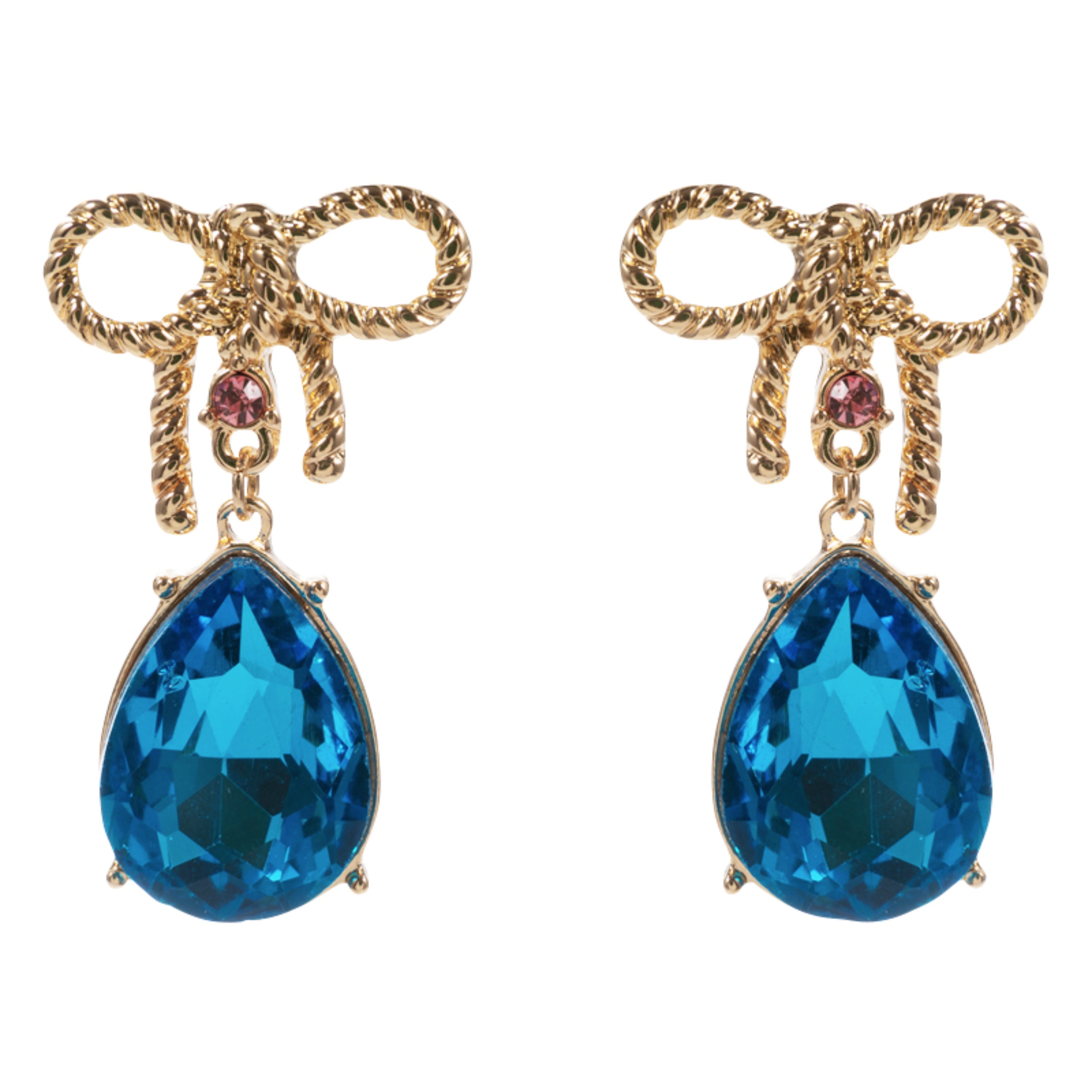 Gold Bow Earring with Blue Crystal Teardrop