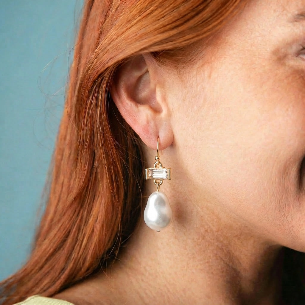 Gold Clear Rectangle Crystal Earring with Pearl Drop