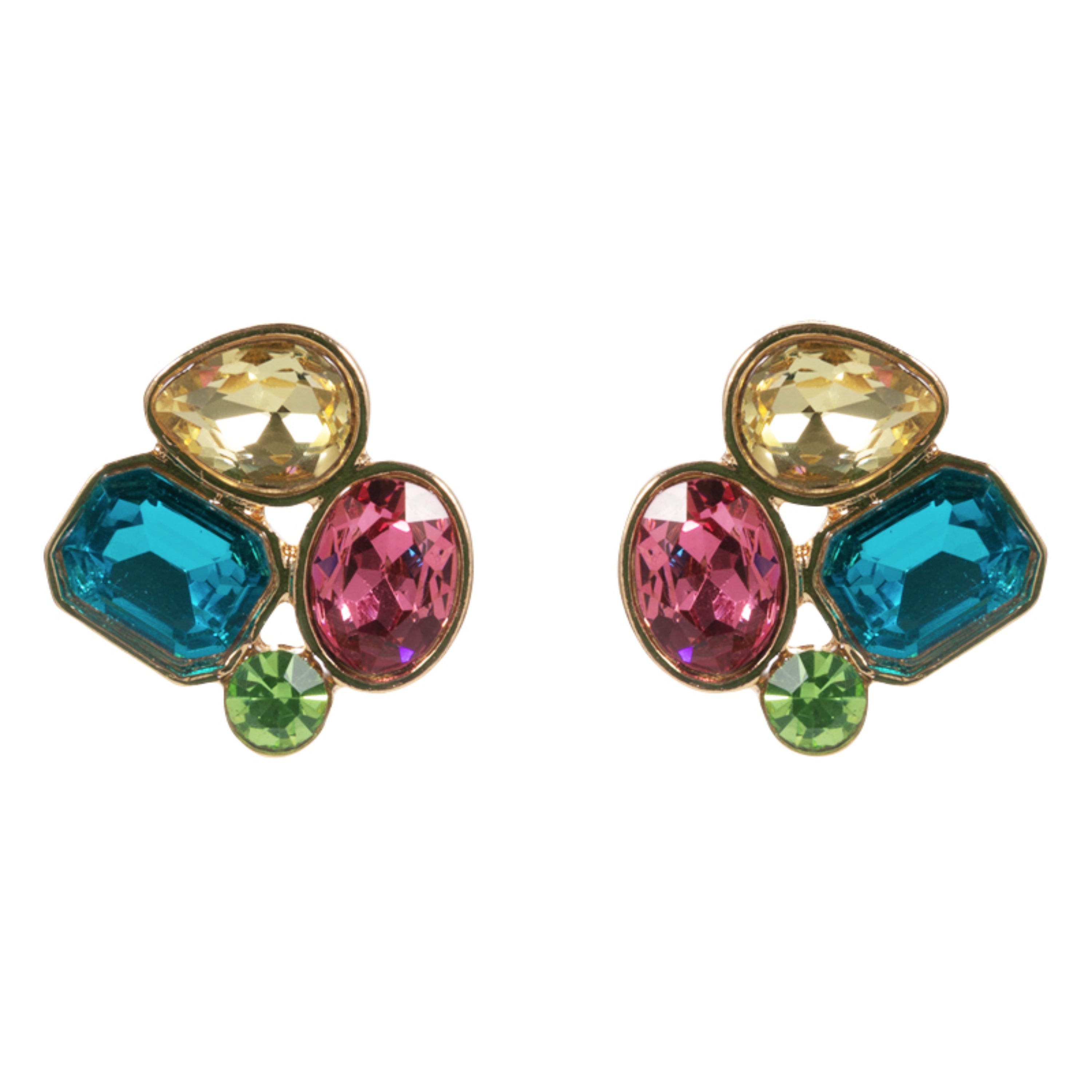 Gold Yellow, Blue, Pink, Green Crystal Cluster Earring