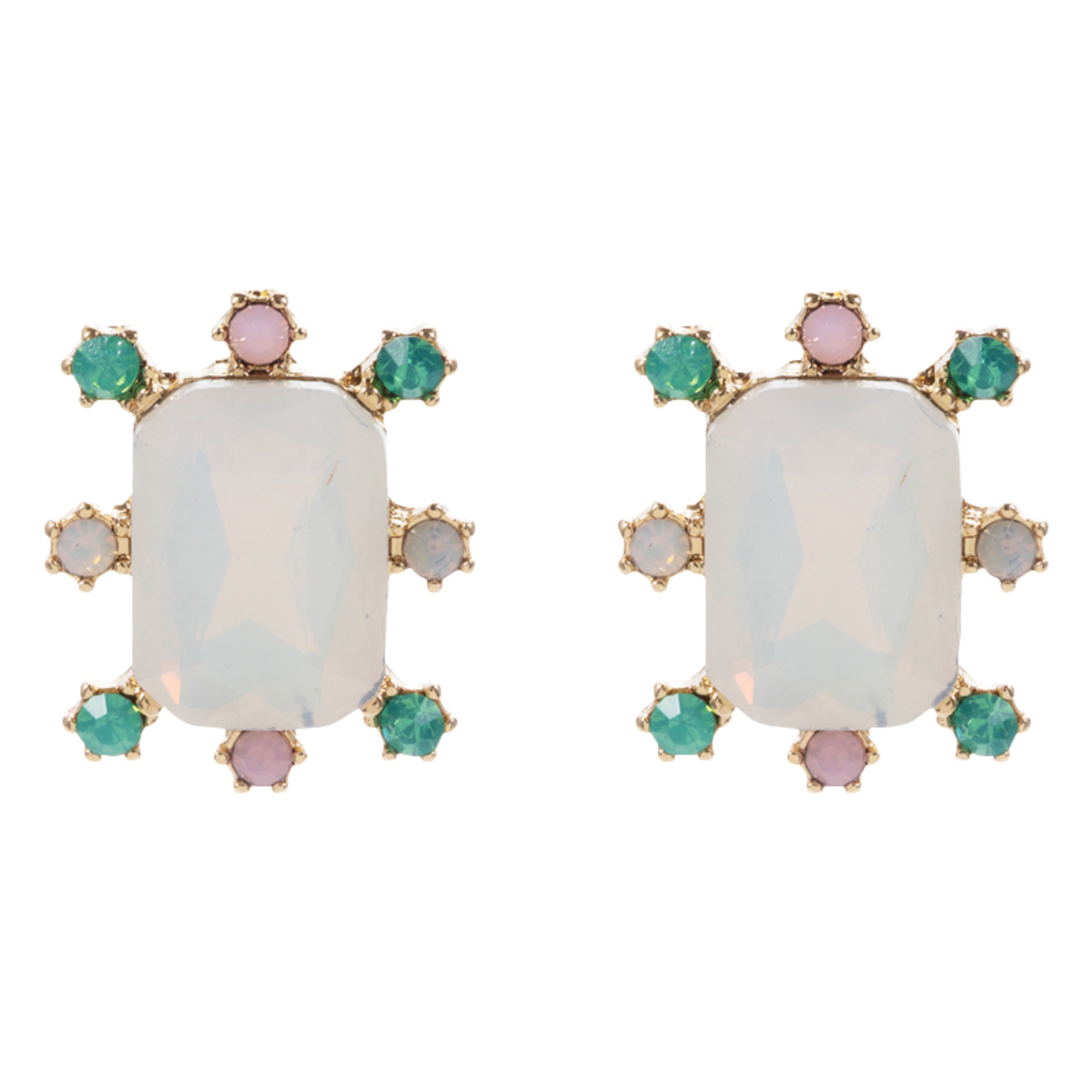 Gold Moonstone Rectangle Earring with Mint, Pink Outter Studs