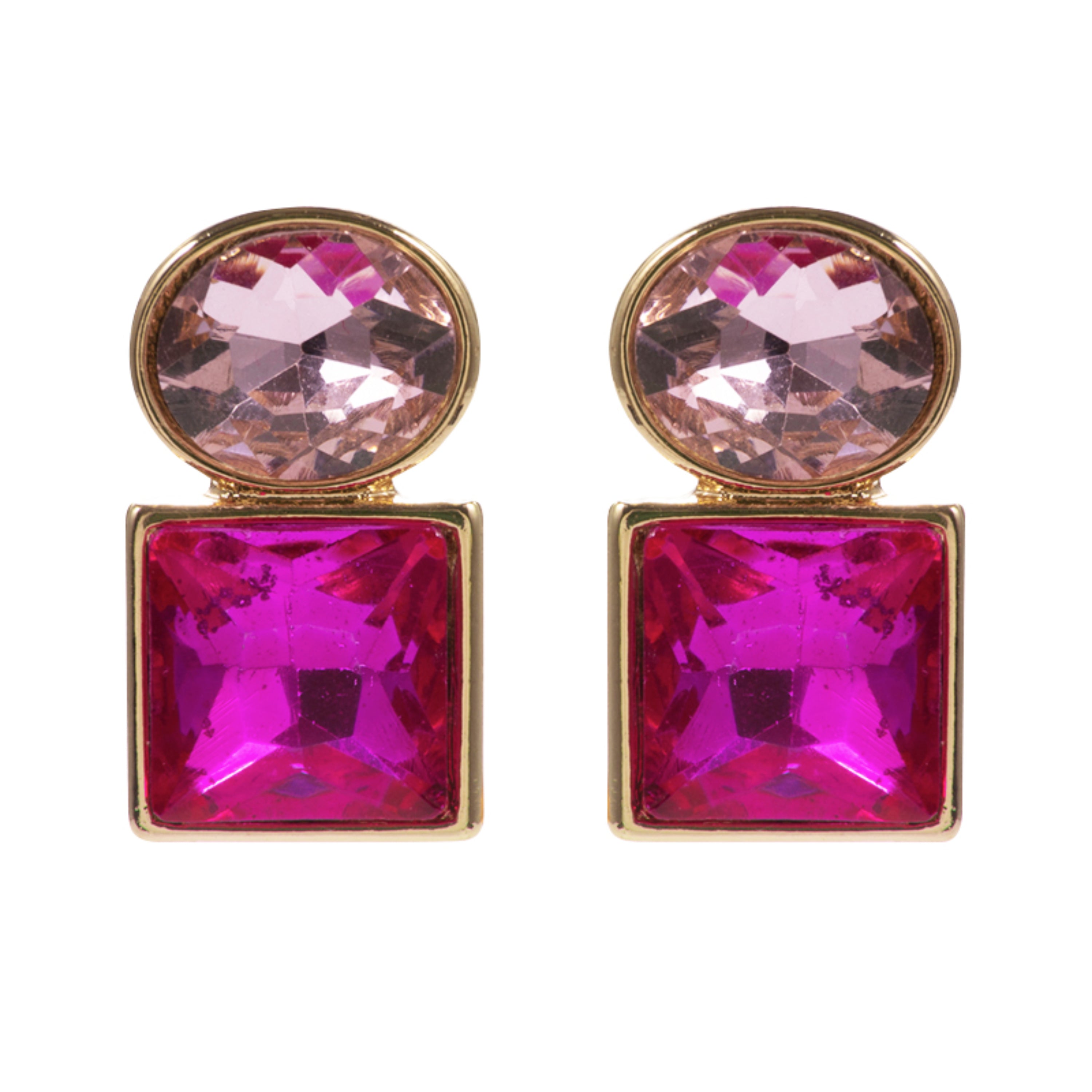 Gold Light Pink Oval Crystal Earring with Hot Pink Square Crystal