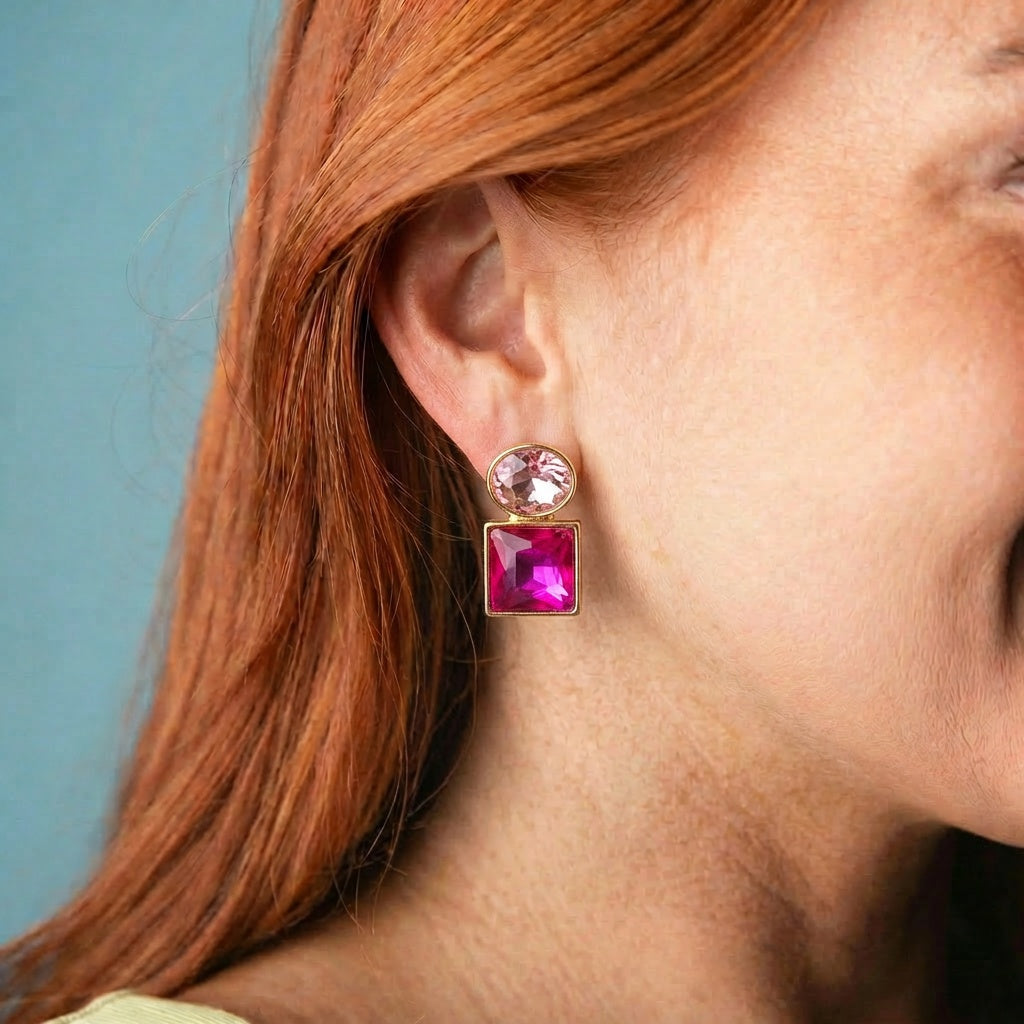 Gold Light Pink Oval Crystal Earring with Hot Pink Square Crystal