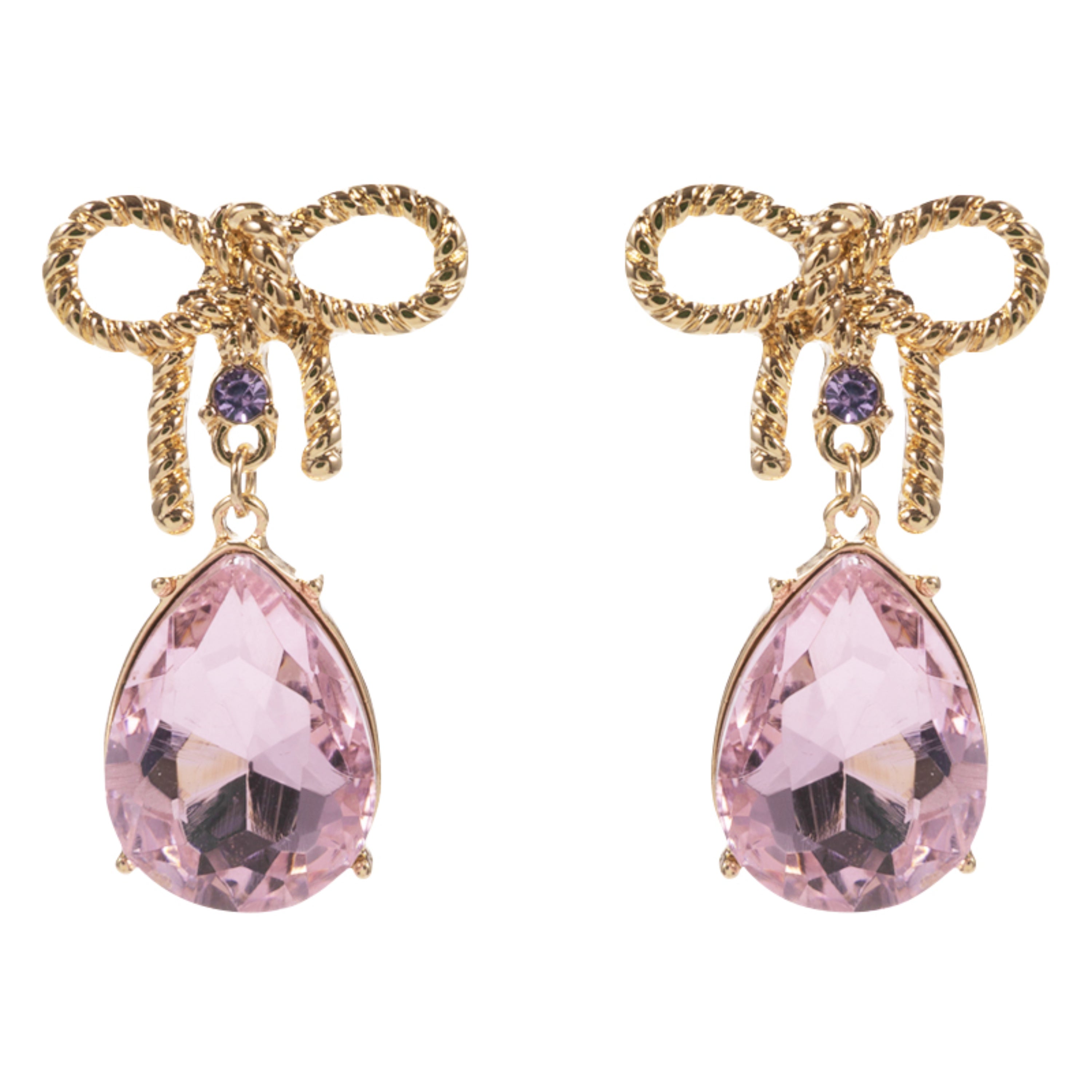 Gold Bow Earring with Light Pink Crystal Teardrop