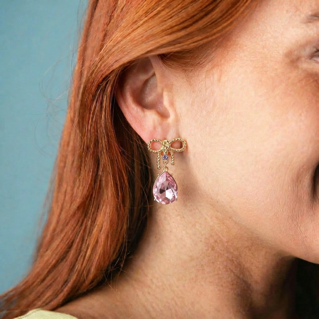 Gold Bow Earring with Light Pink Crystal Teardrop
