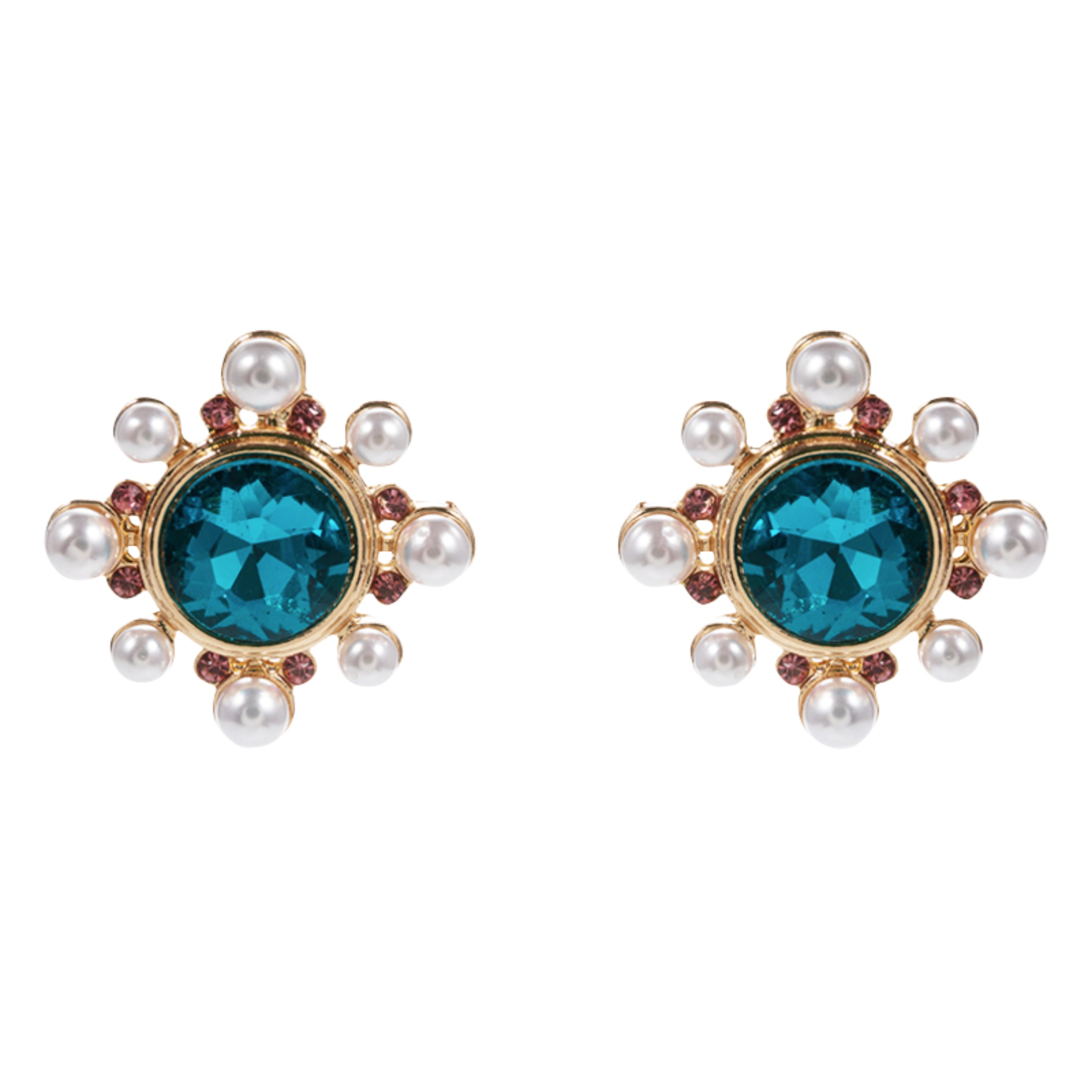 Gold Blue Circle Crystal Earring with Pearl, Pink Outter Studs