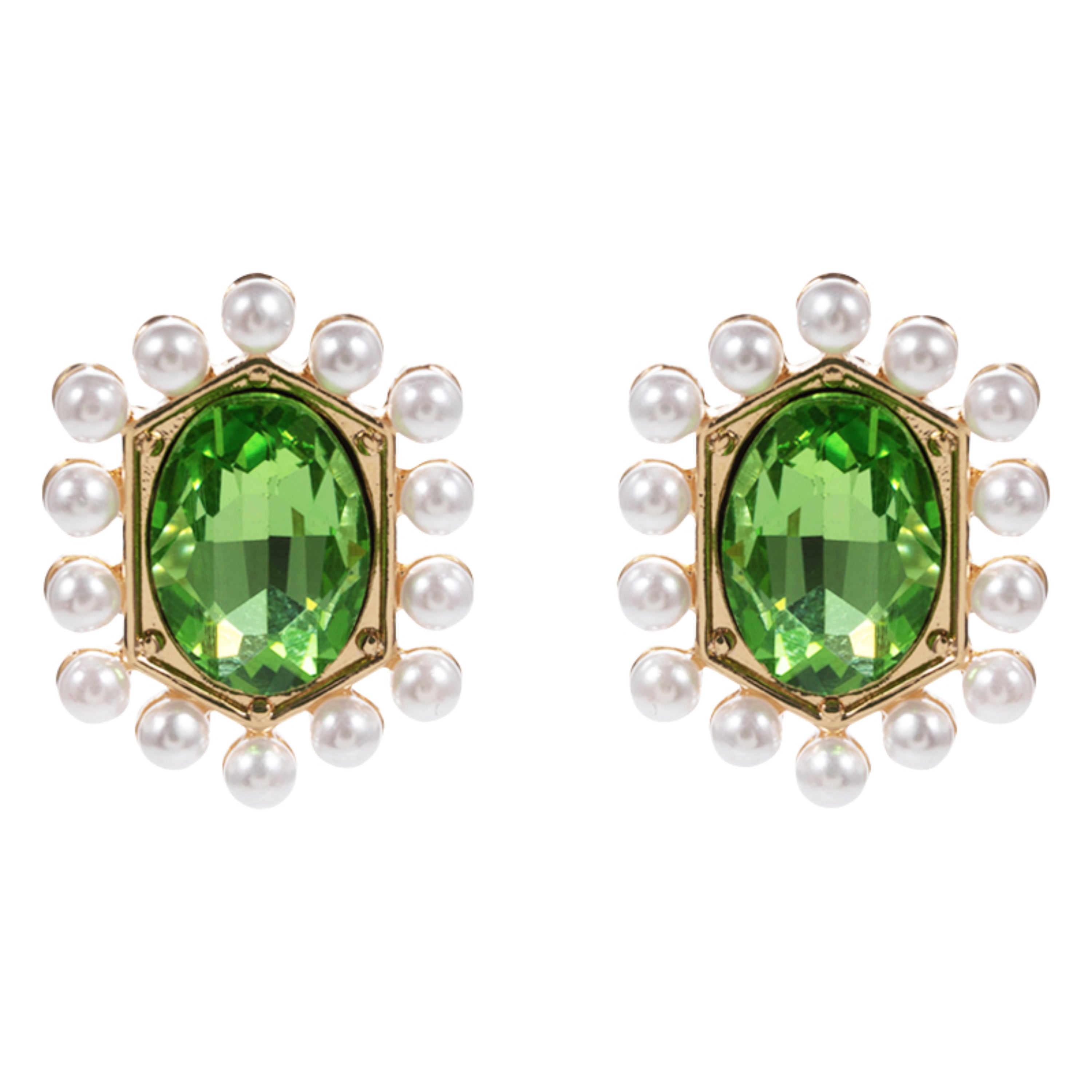 Gold Green Oval Crystal Earring with Pearl Outter Studs
