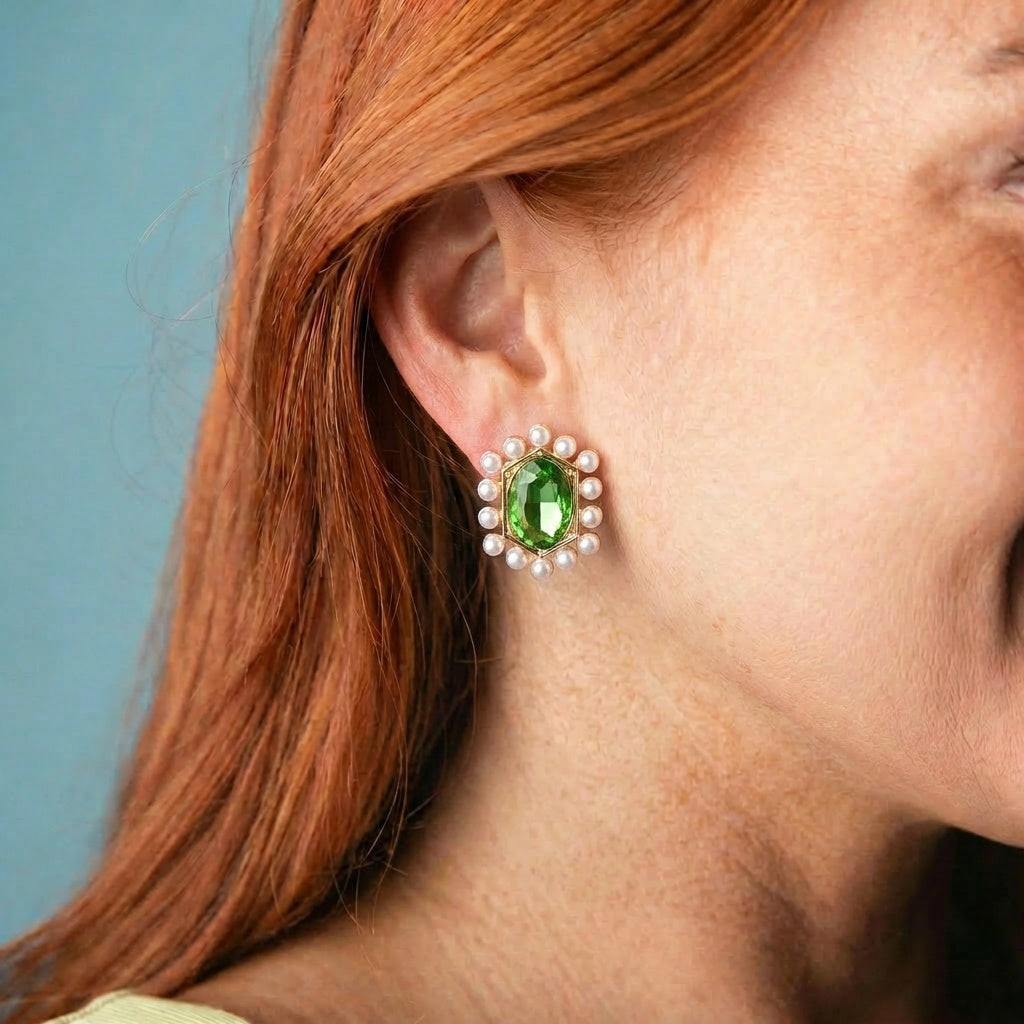 Gold Green Oval Crystal Earring with Pearl Outter Studs