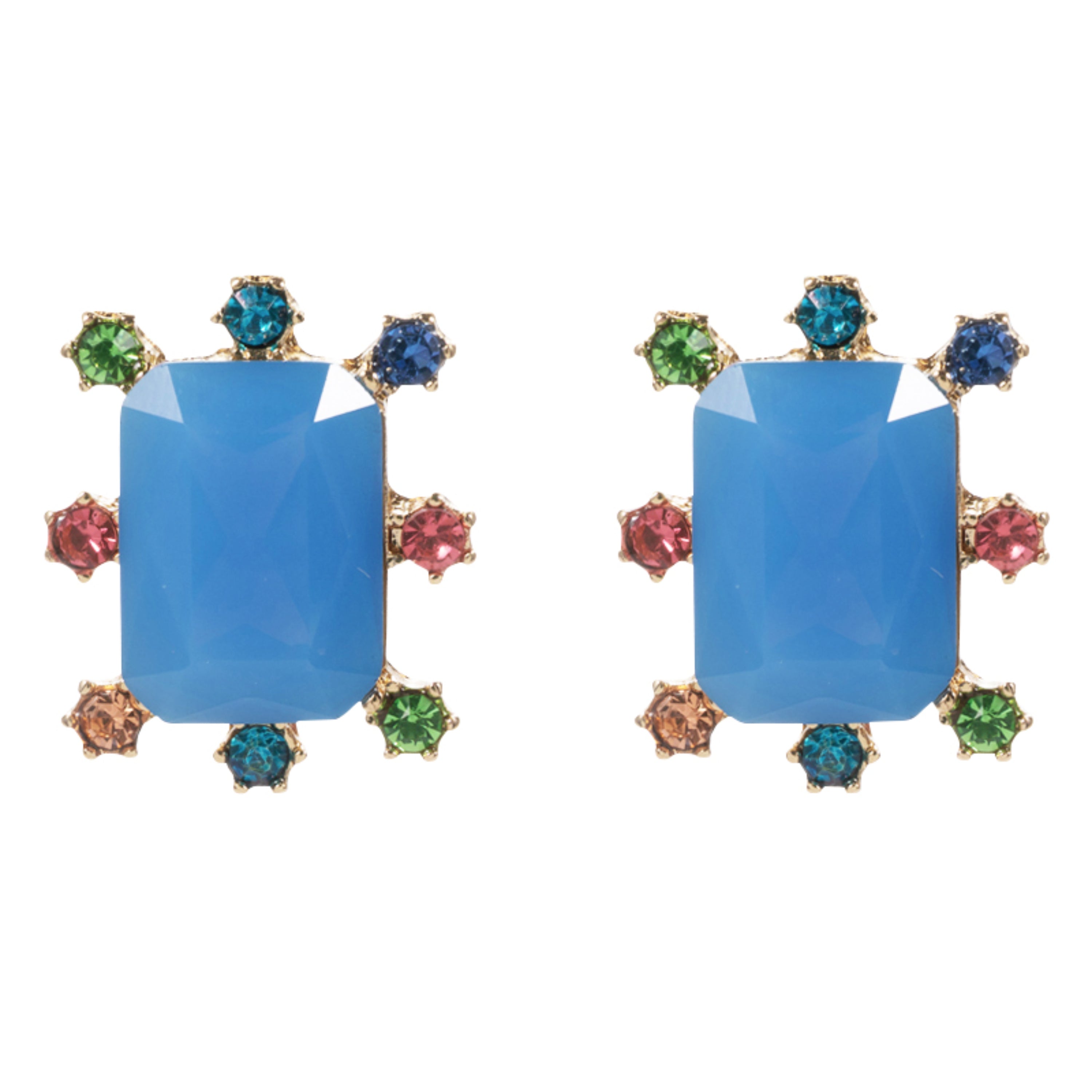Gold Blue Center Crystal Earring with Green, Pink, Orange, Blue Outter Studs