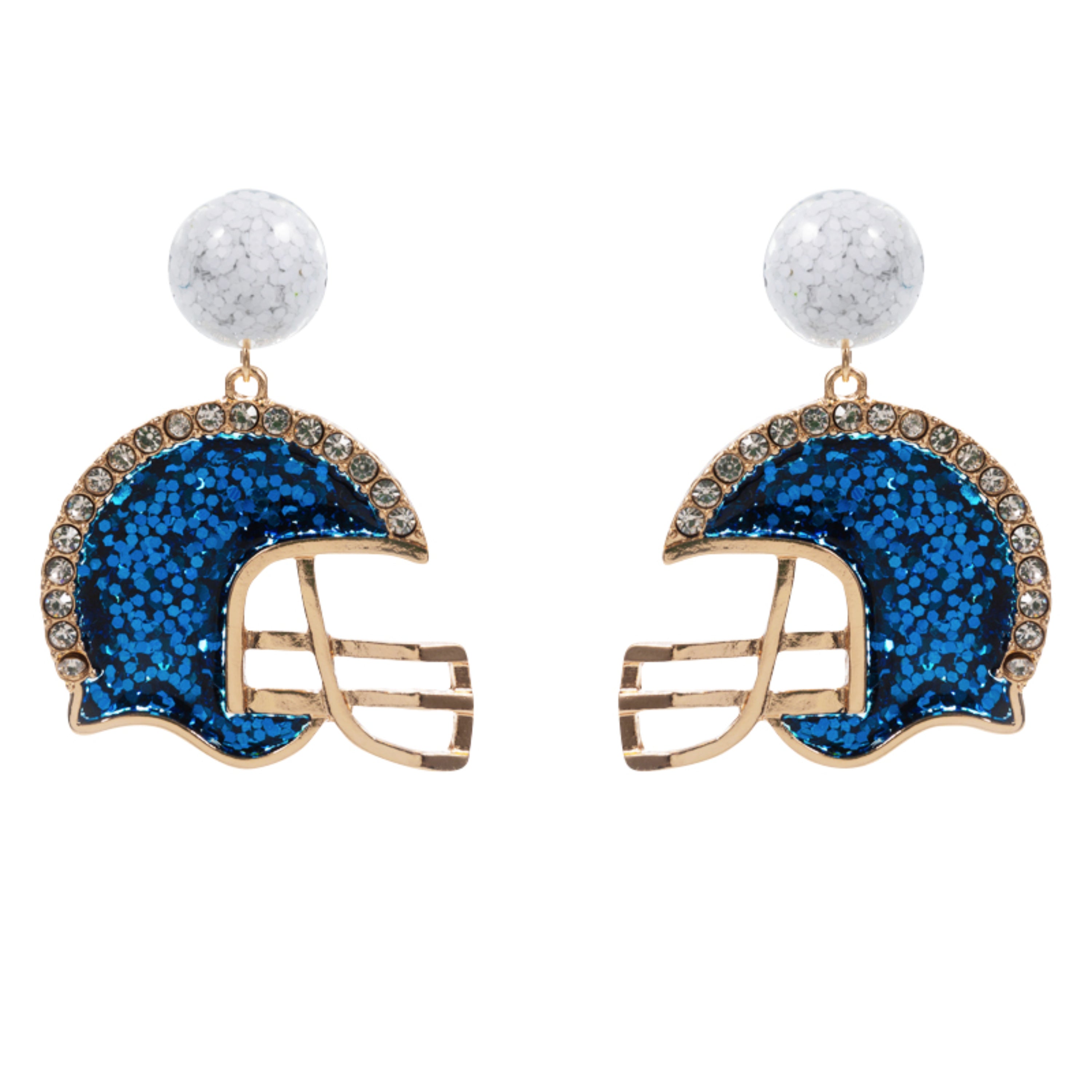 White Confetti Circle Post, Royal Blue Enamel Glitter Helmet Earring with Clear Crystal Edges