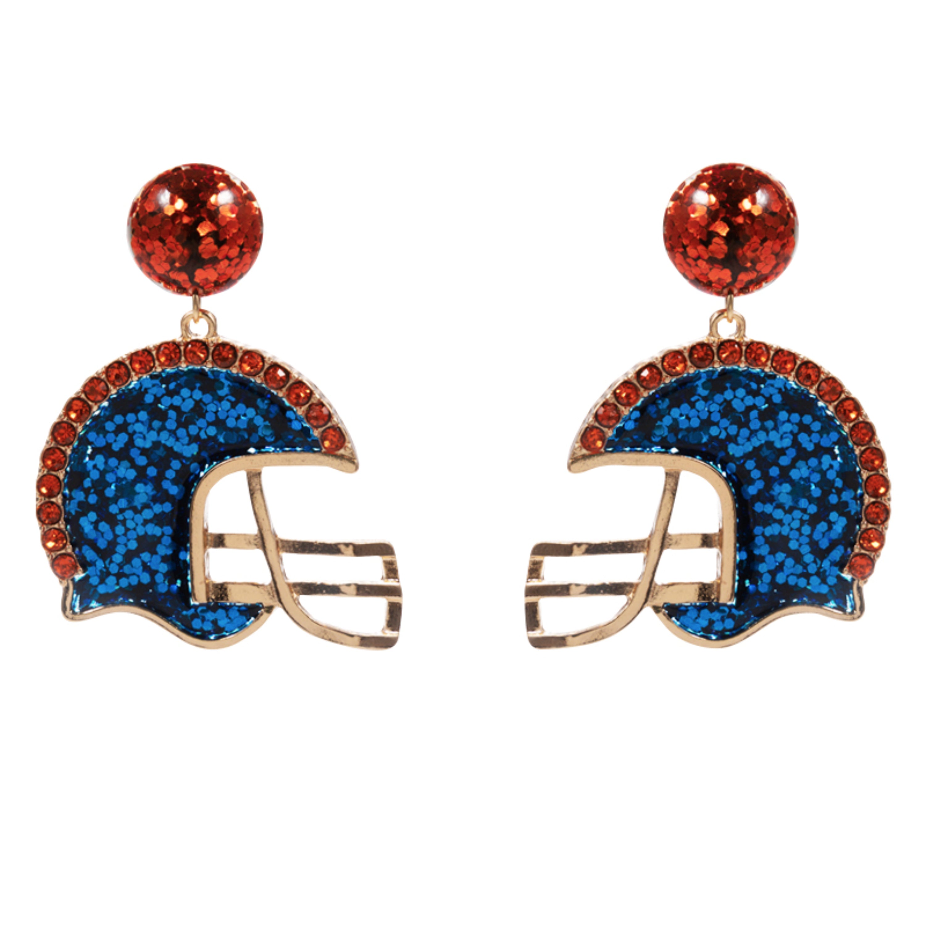 Orange Confetti Circle Post, Navy Enamel Glitter Helmet Earring with Orange Crystal Edges