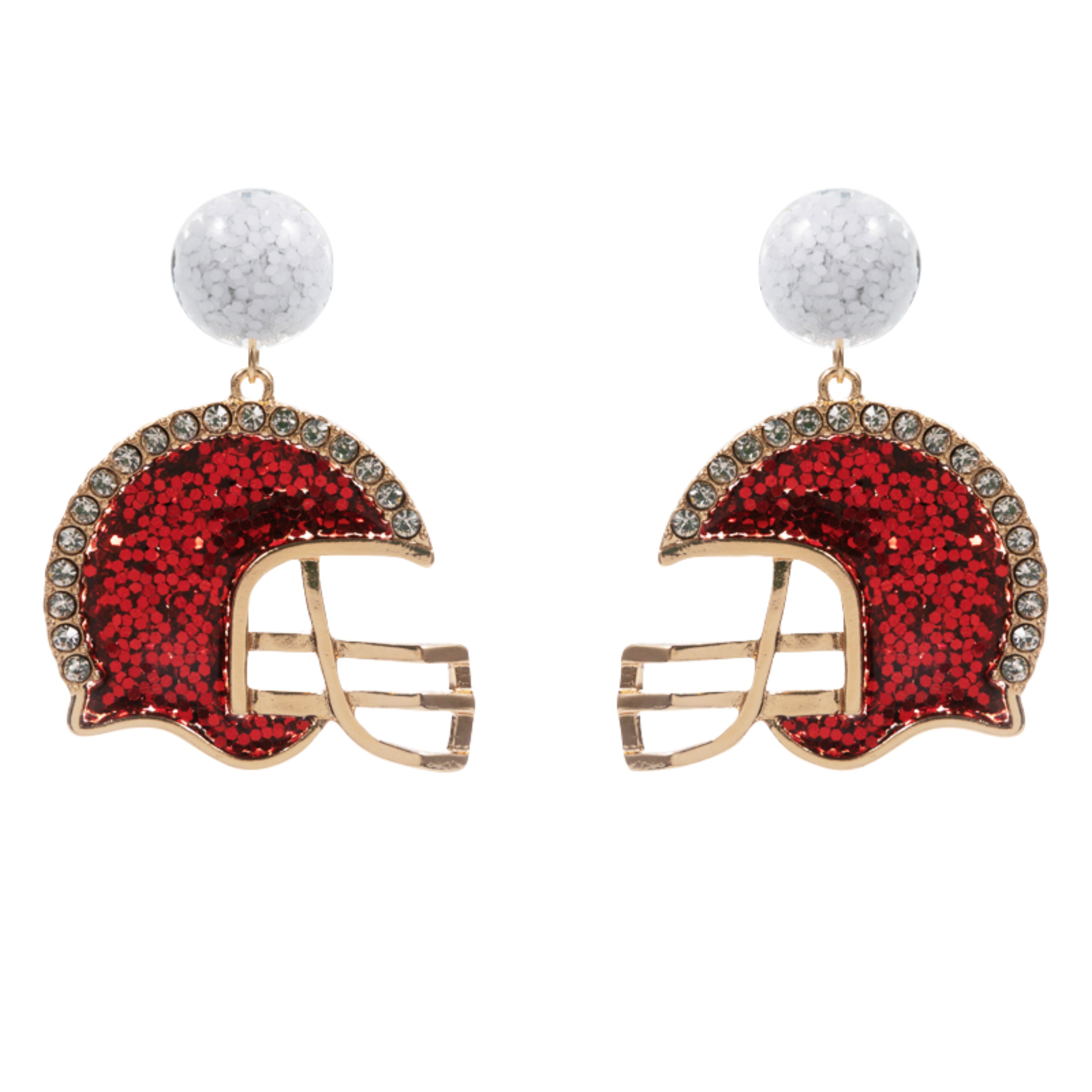 White Confetti Circle Post, Maroon Enamel Glitter Helmet Earring with Clear Crystal Edges