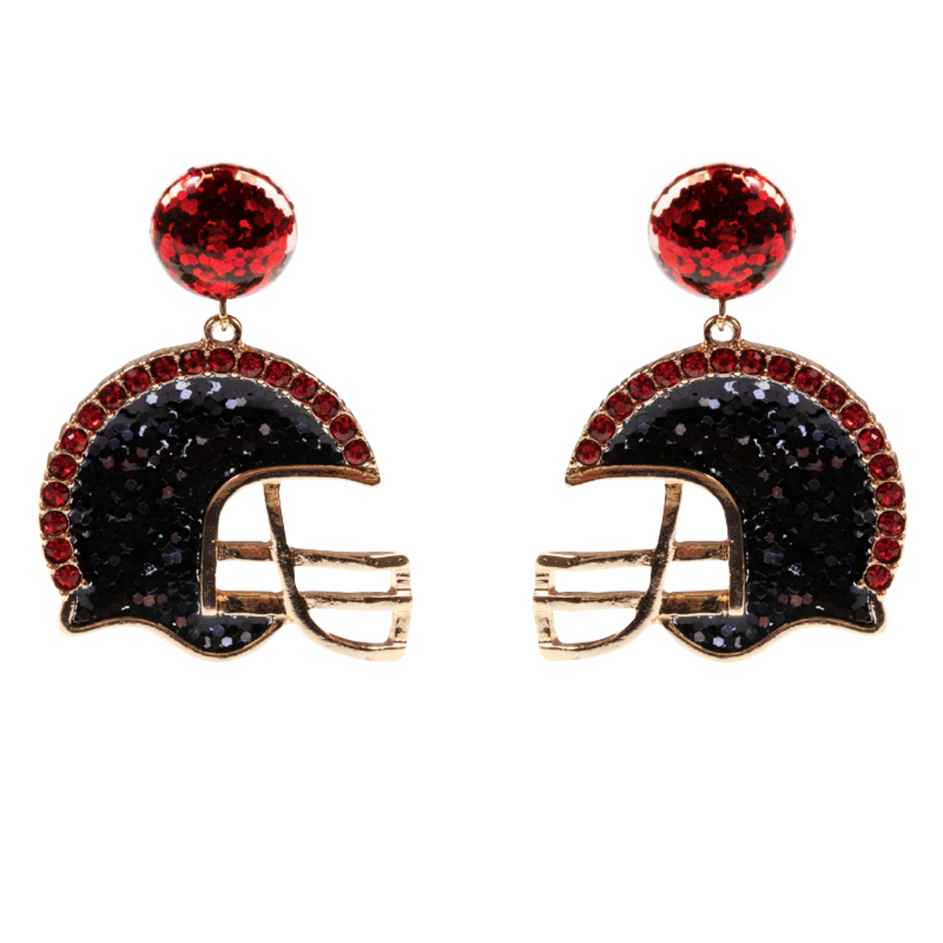 Red Confetti Circle Post, Black Enamel Glitter Helmet Earring with Red Crystal Edges