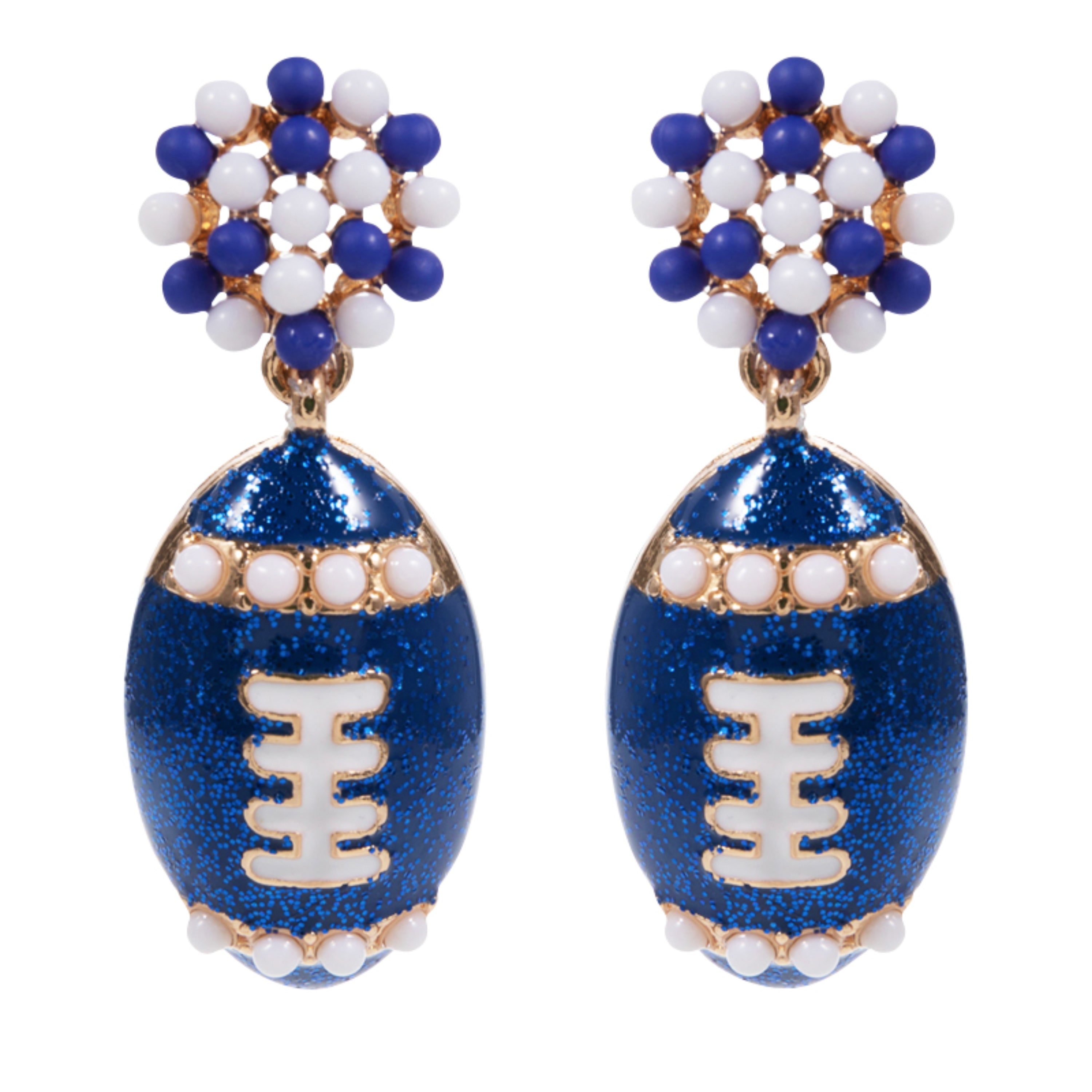 Beaded Post Earring with Blue Glitter Enamel Football