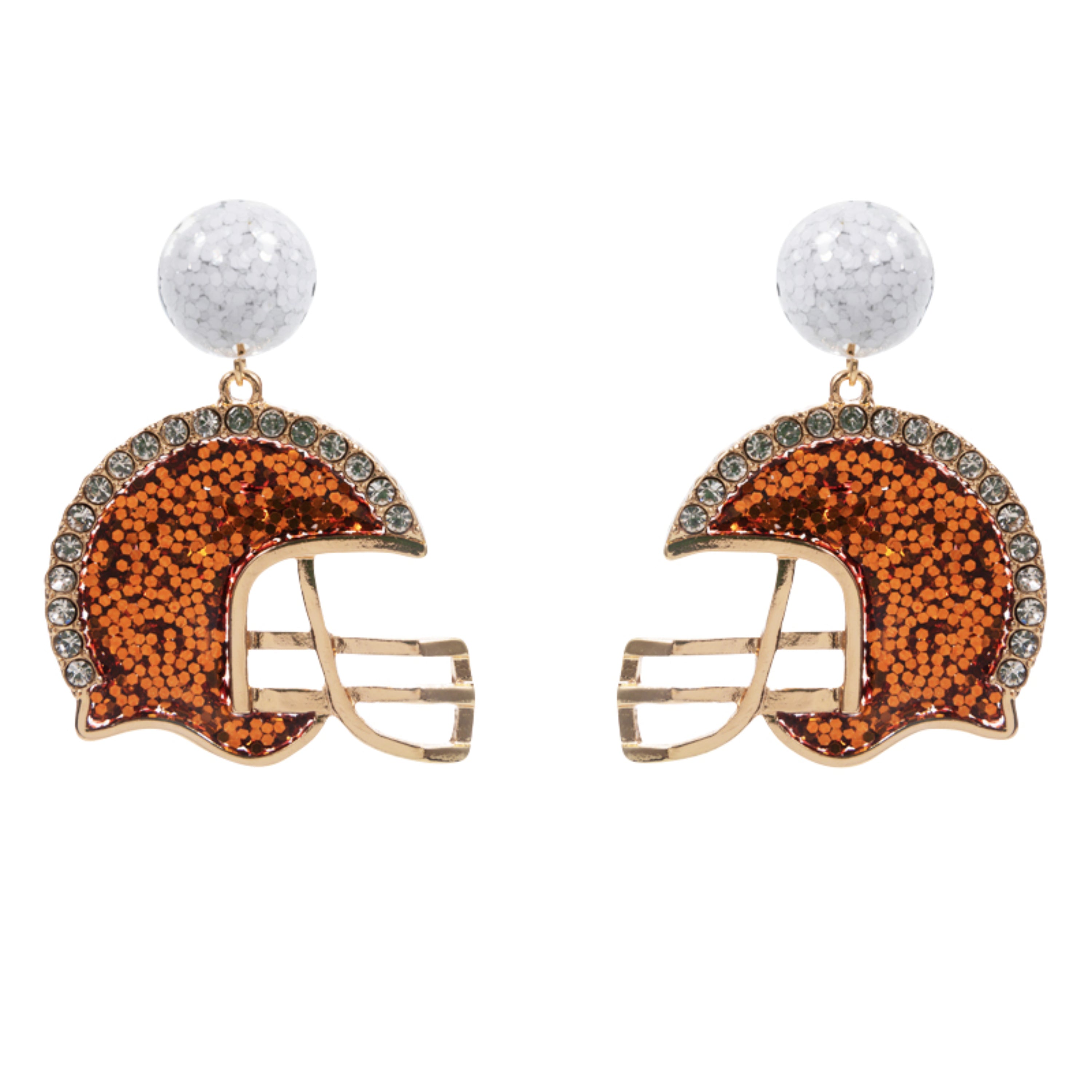 White Confetti Circle Post, Orange Enamel Glitter Helmet Earring with Clear Crystal Edges