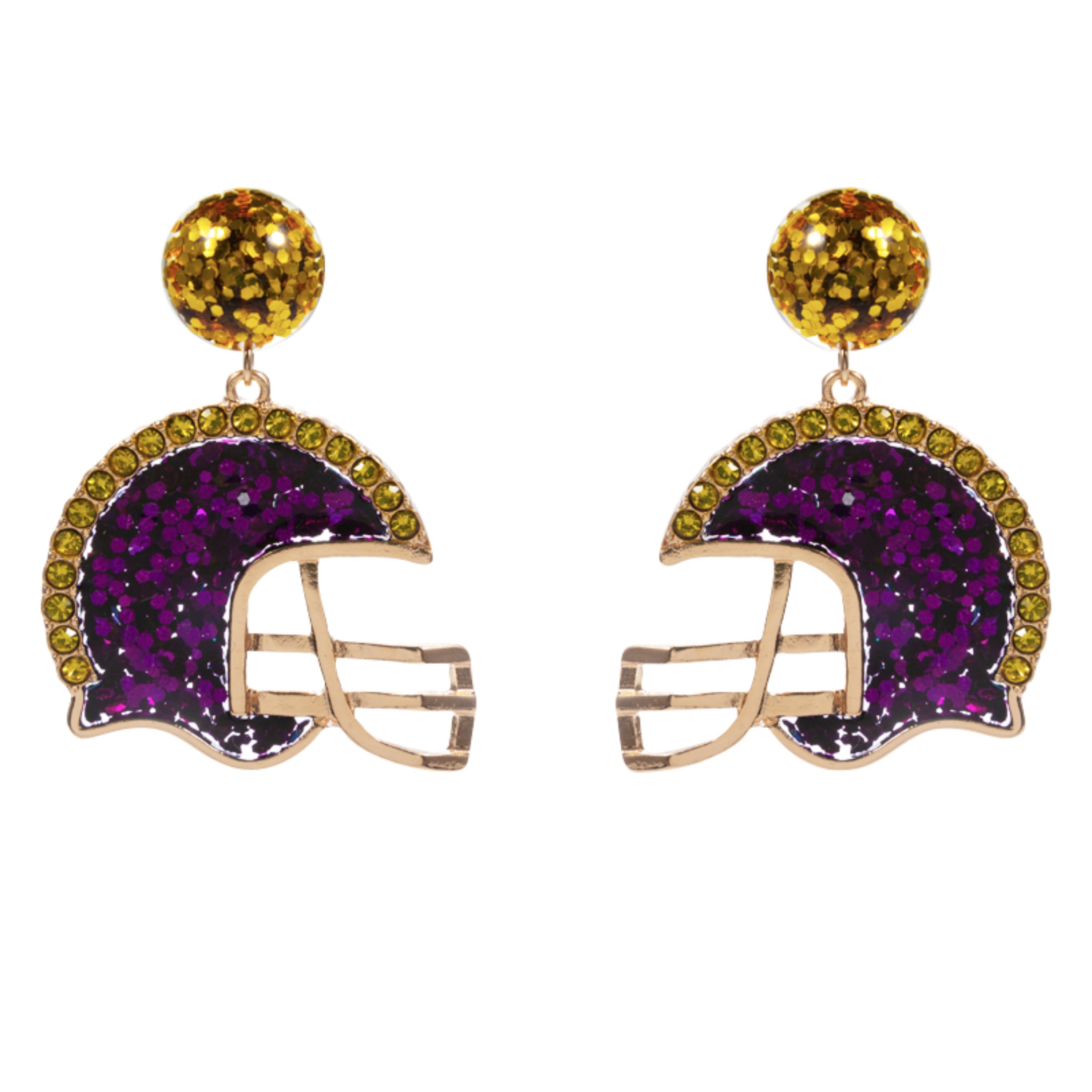 Gold Confetti Circle Post, Purple Enamel Glitter Helmet Earring with Yellow Crystal Edges