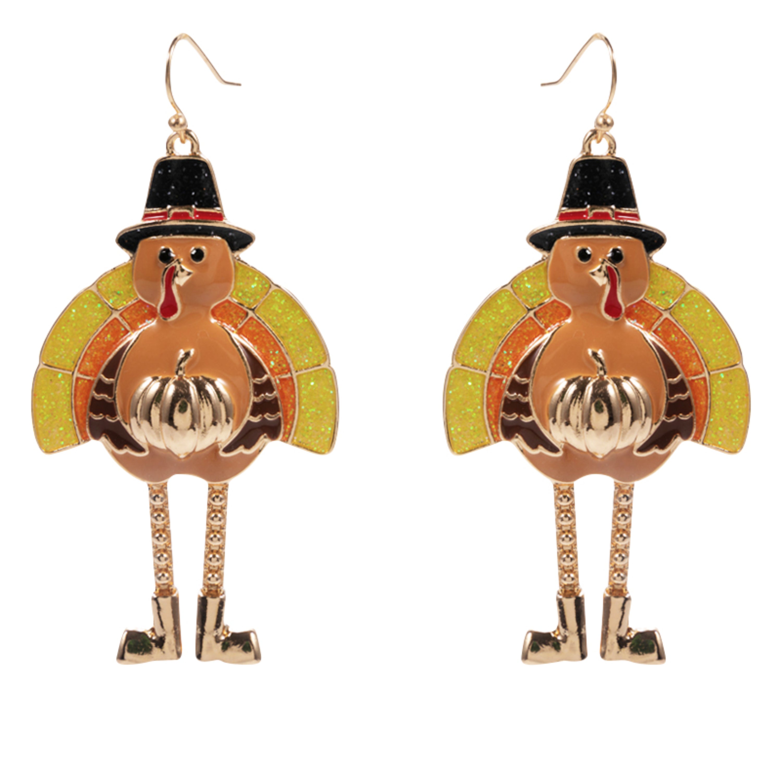 Brown, Orange, Black, Yellow Enamel Turkey in Pilgrim Hat, Moving Legs Earring