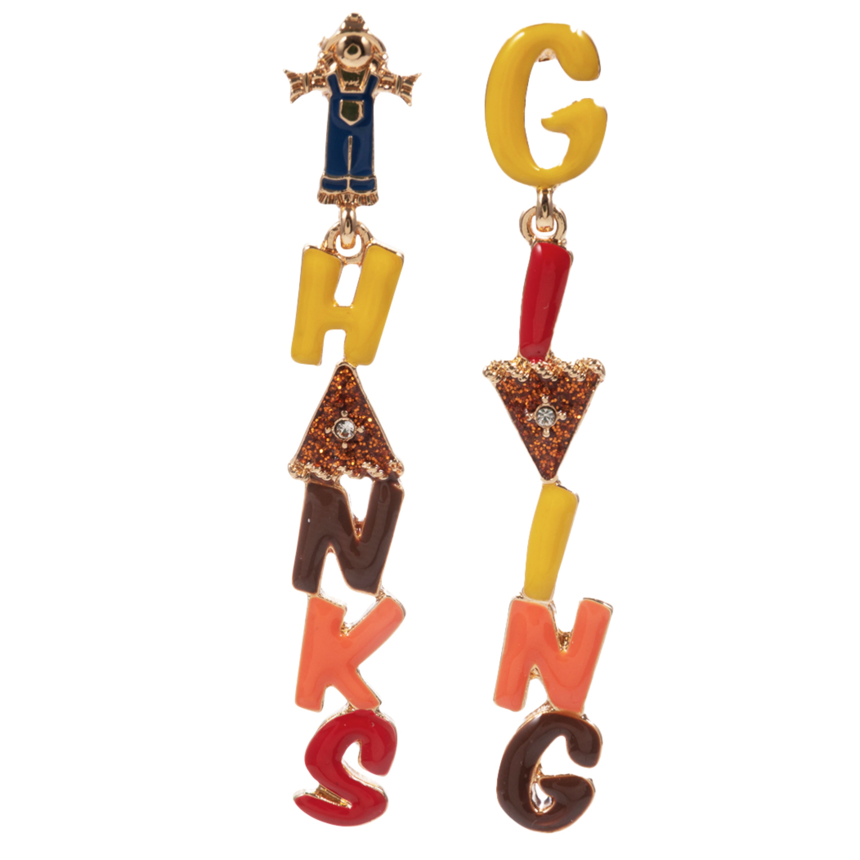 Yellow, Orange, Red, Brown "Thanks", "Giving" with Pie and Scarecrow Earring