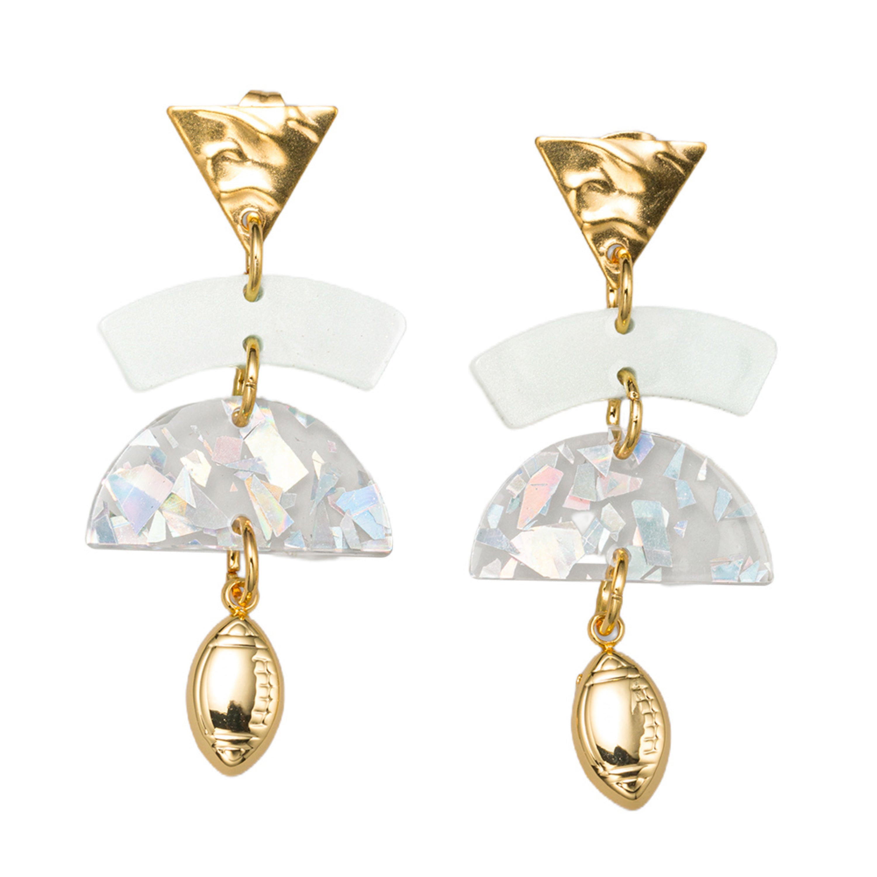 18K Gold Plated Triangle Post, White, Clear Glitter Arches Earring with Football