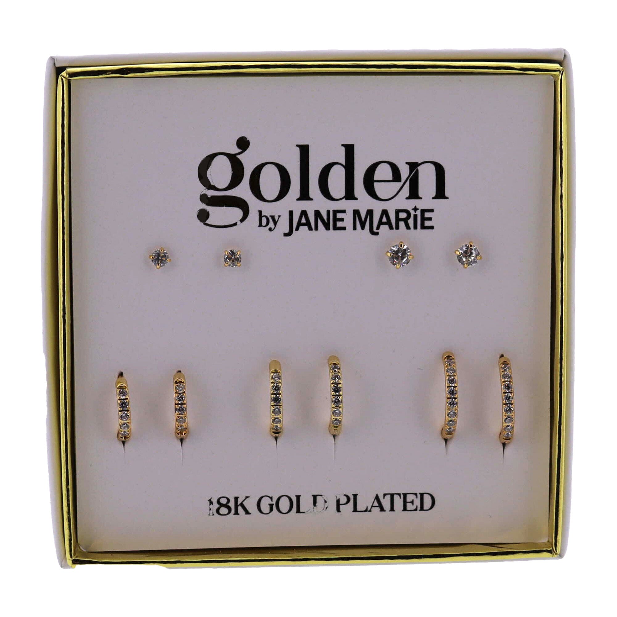 18K Gold Plated 2 Gold Circle Clear Crystal Studs & 3 Gold Huggies with Clear Crystals