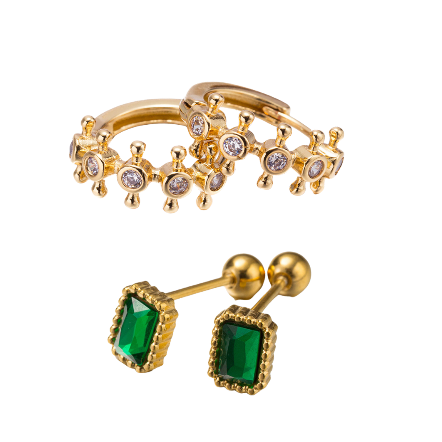 18k Gold Plated Set of 2, Emerald Rectangle Stud with Clear Crystals with Bars Huggie Earring