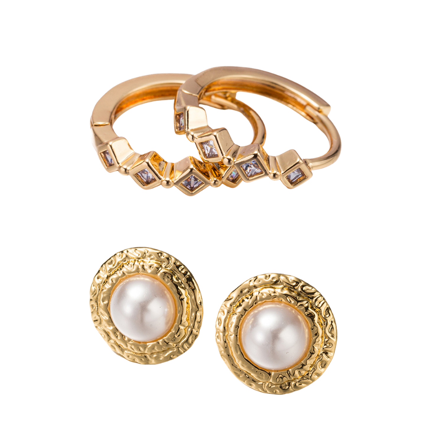 18k Gold Plated Set of 2, Square Crystal Huggie with Hammered Disk with Center Pearl Stud Earring