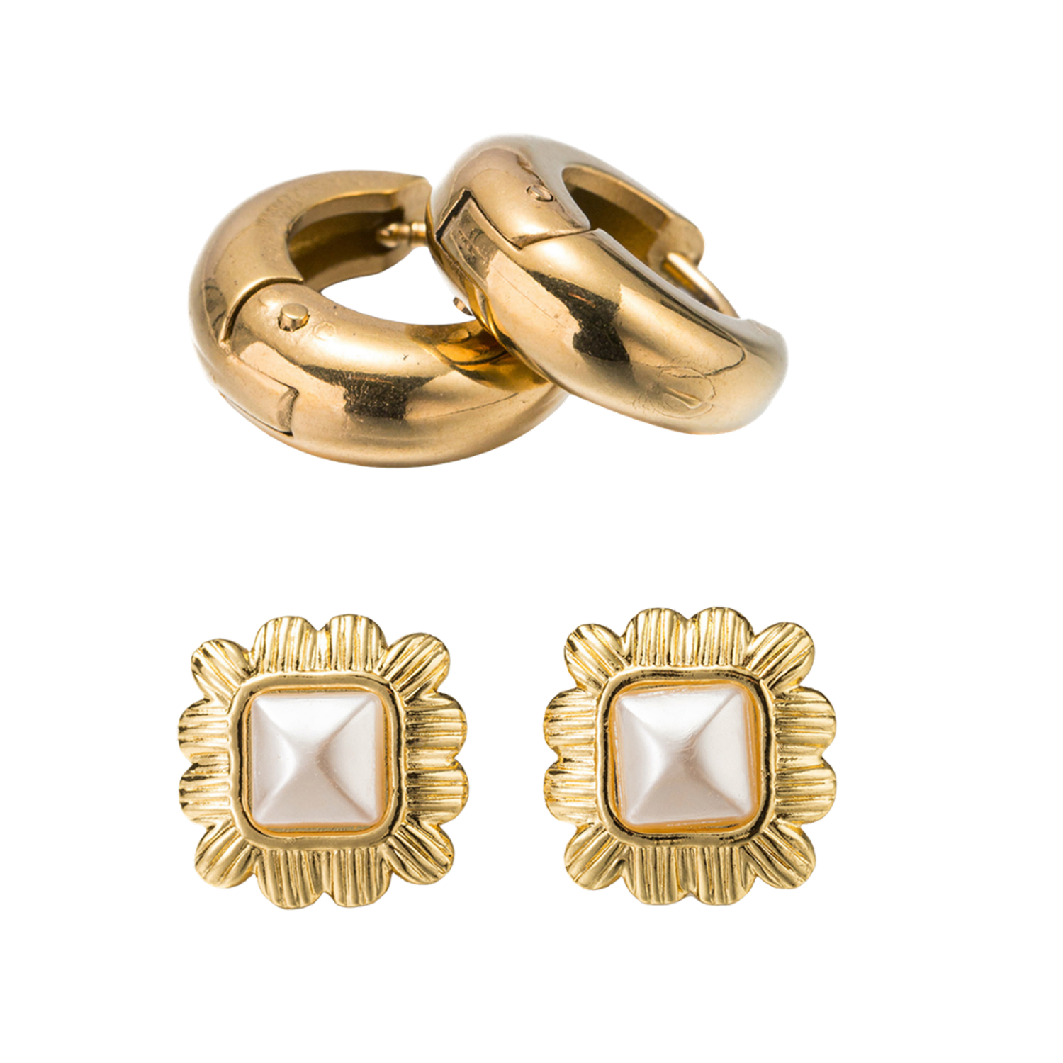 18k Gold Plated Set of 2, Gold Huggie with Scalloped Square with Pearl Center Stud Earring
