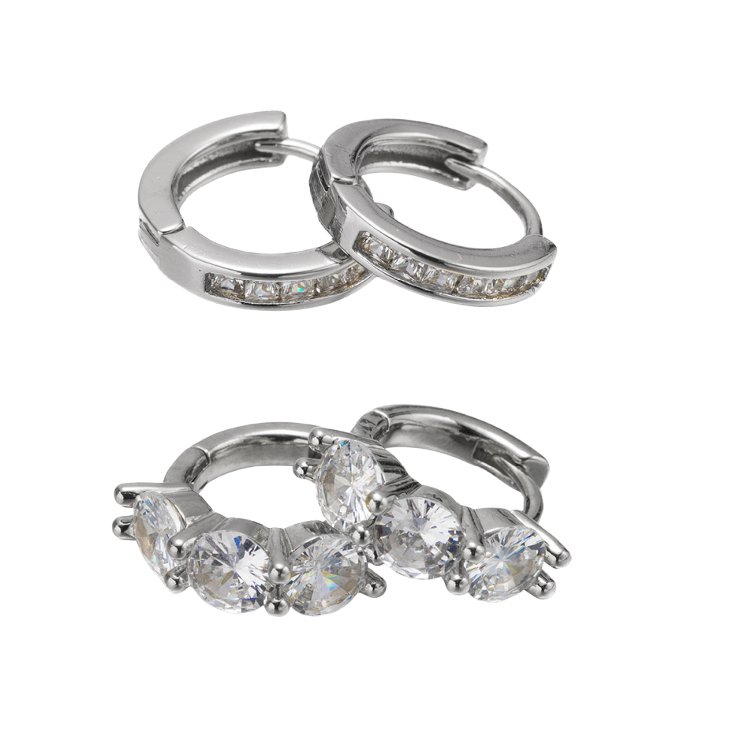 18k Gold Plated Set of 2, Clear Crystal Huggie with Larger Three Crystal Huggie Silver Earring