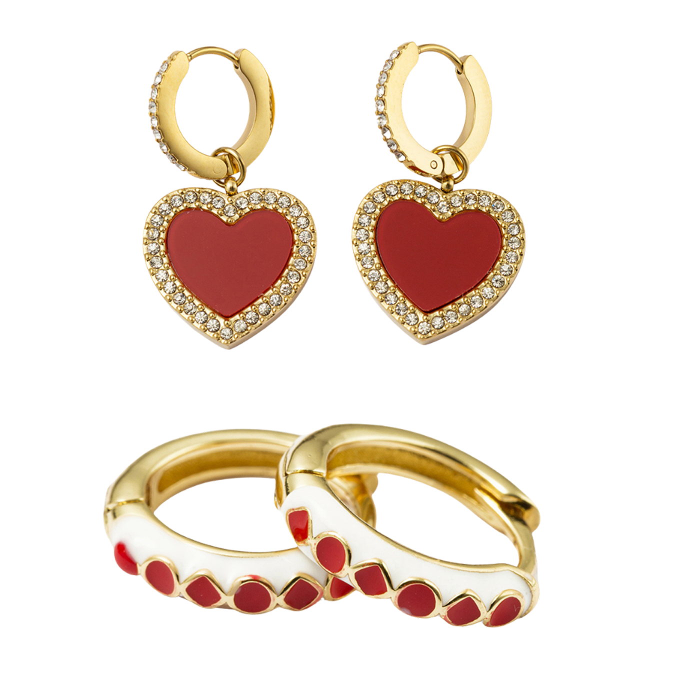 Set of 2, Enamel Heart Huggie, Red Heart with Crystal Edges Earring