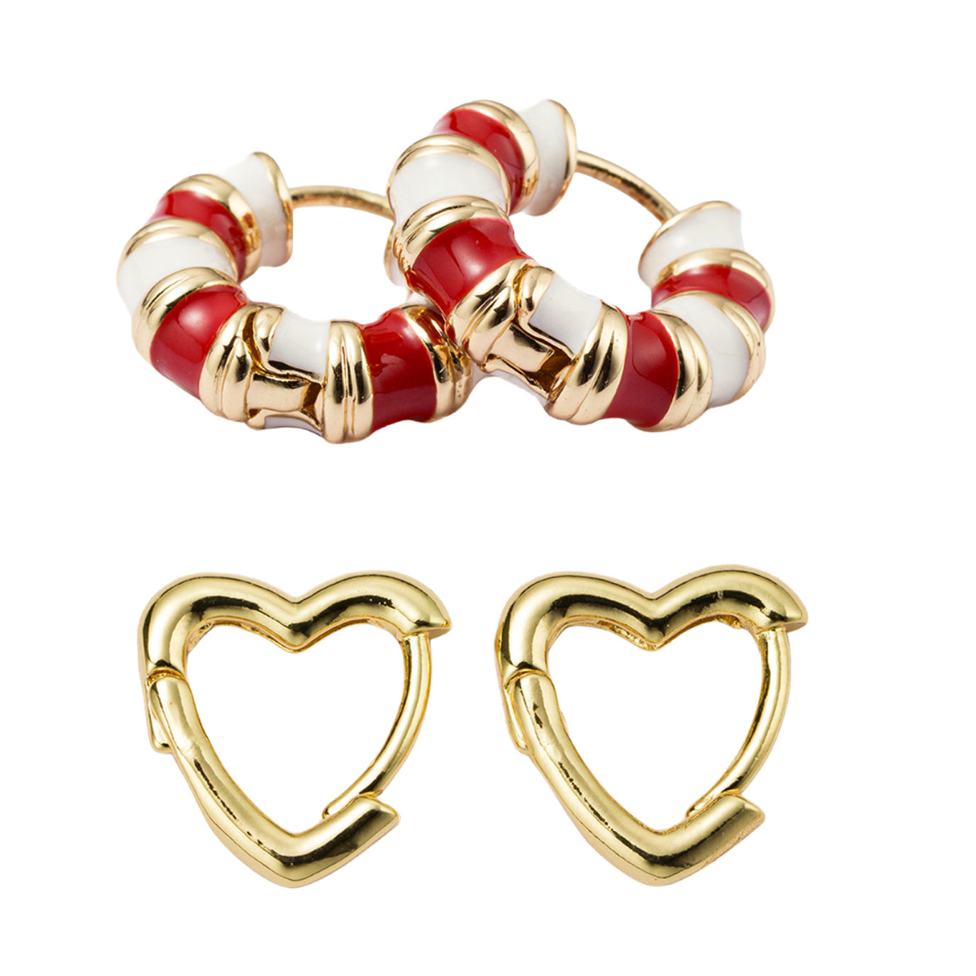 Set of 2, Red & White Stripe Huggie, Heart Huggie Earring