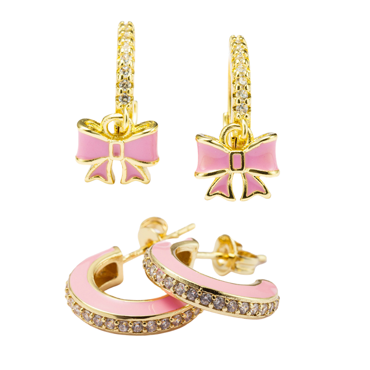 Set of 2, Clear Crystal Huggie with Bow, Pink Enamel with Crystals Huggie Earring