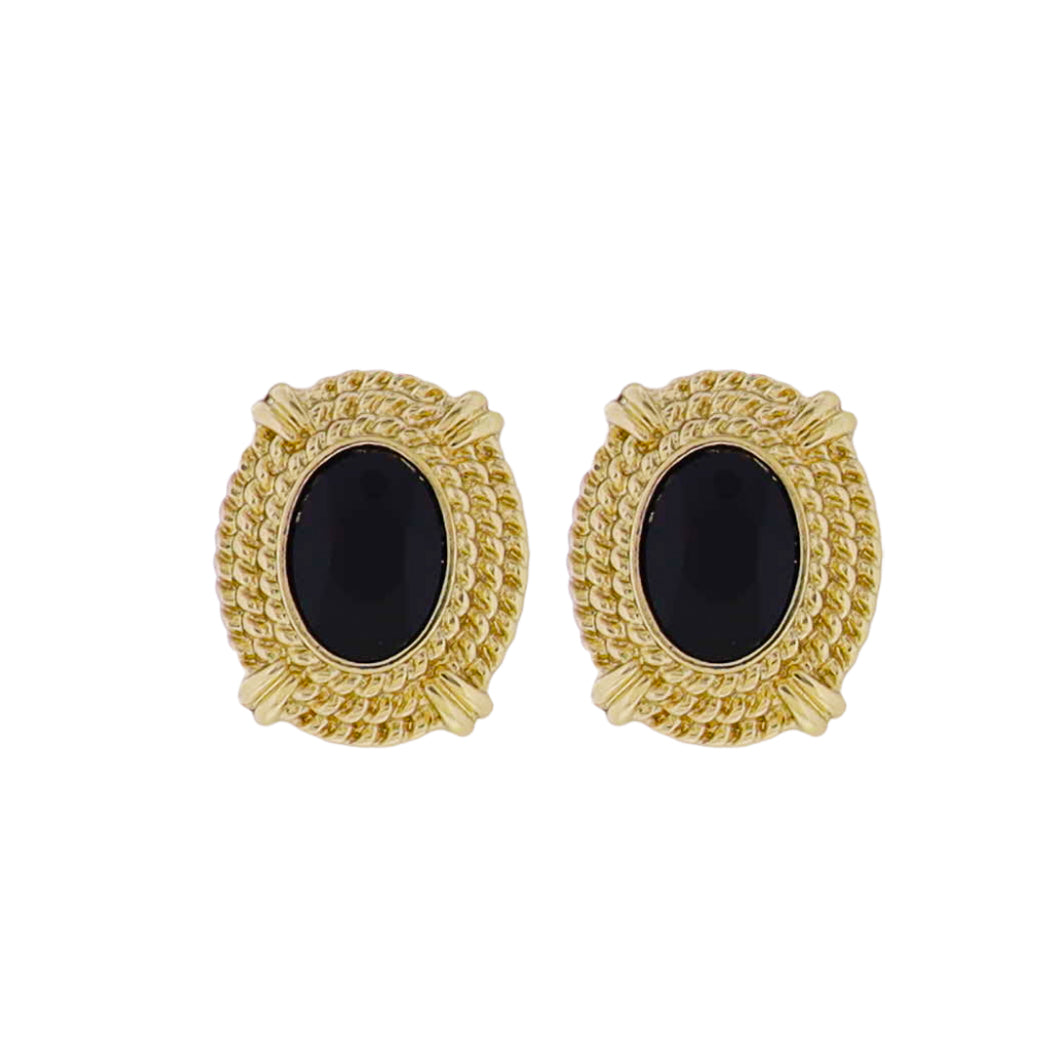 Gold Decorative Oval Earring with Black Crystal Oval Center