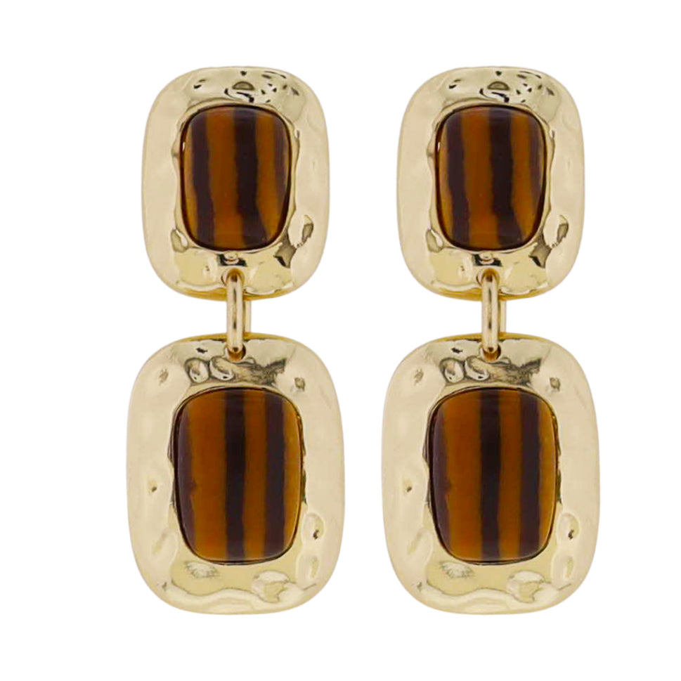 Gold Hammered Round Rectangles Earring with Tigers Eye Centers