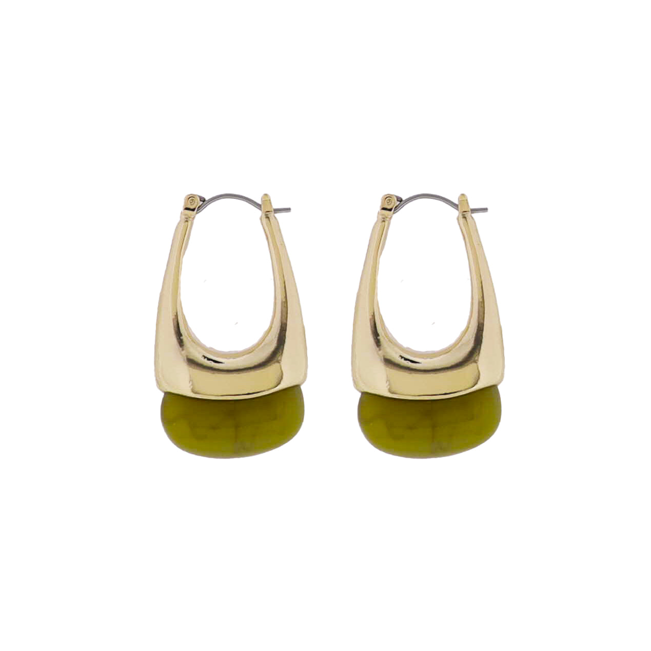 Gold Dropping Oval Earring with Green Resin Bottom Accent