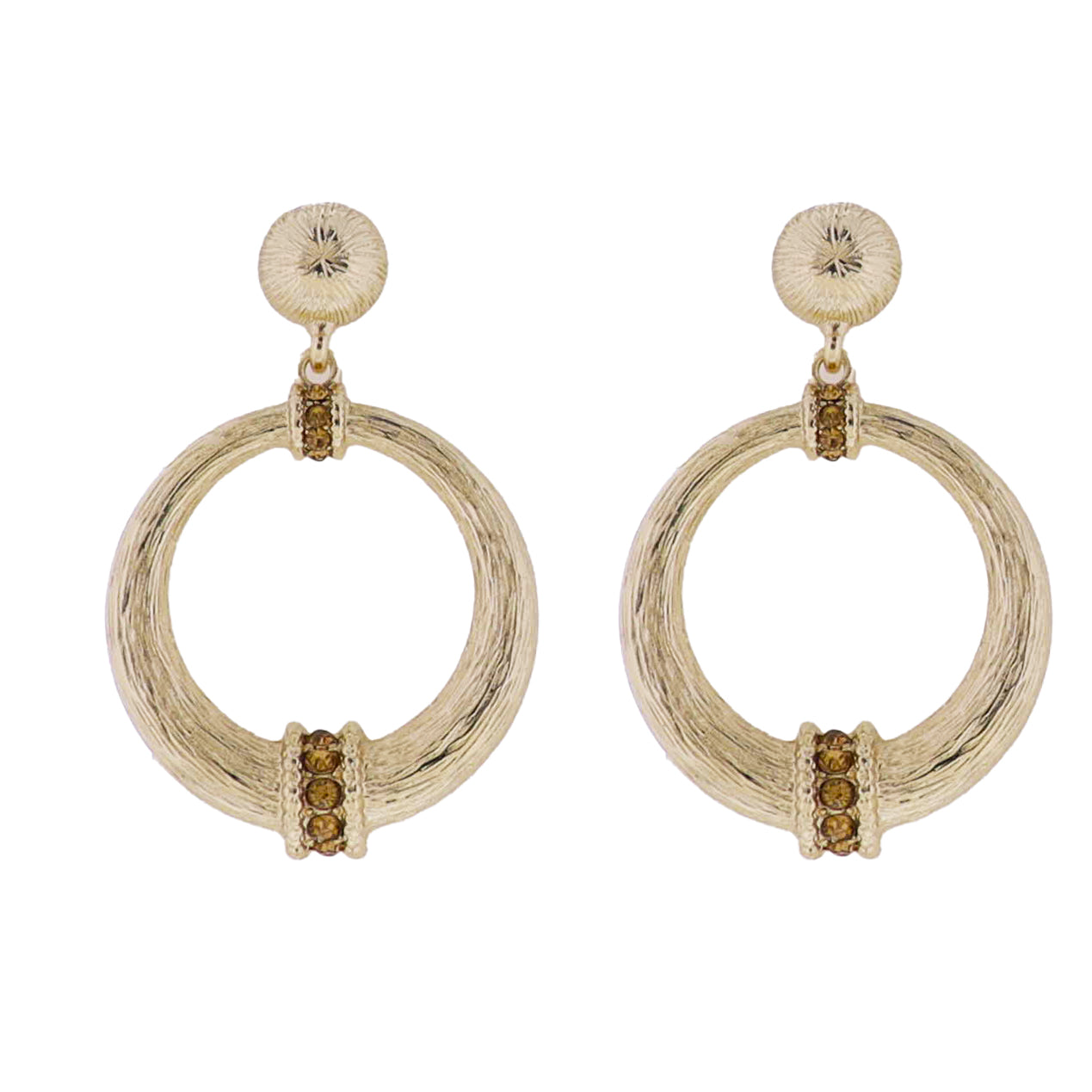 Gold Textured Circle Post, Gold Open Circle Earring with Champagne Crystal Accents