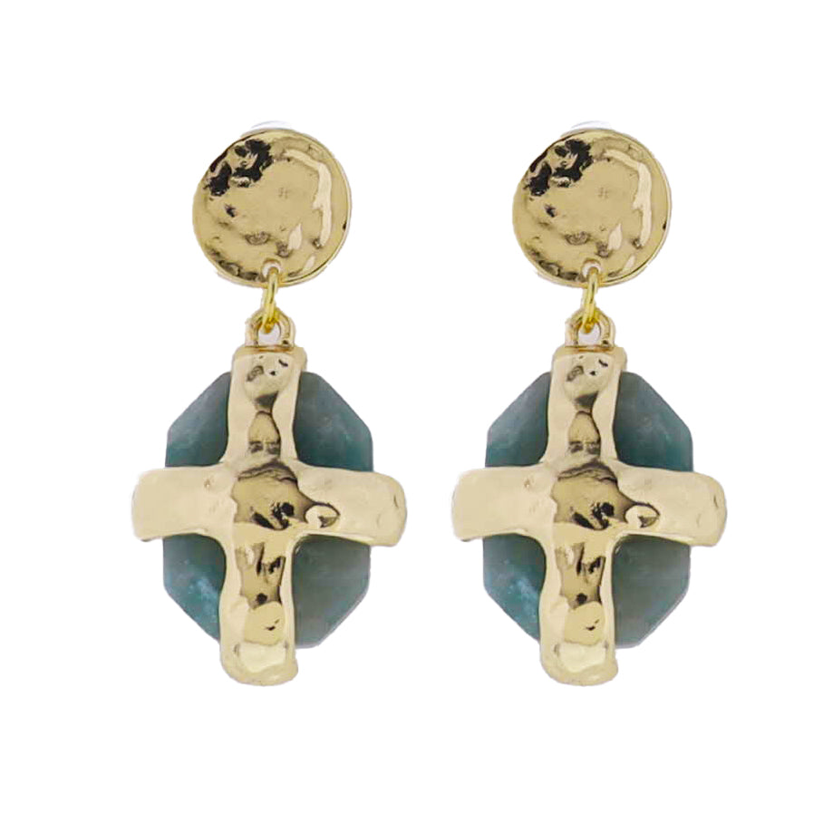 Gold Hammered Disk Post, Amazonite Stone Earring with Gold Cross