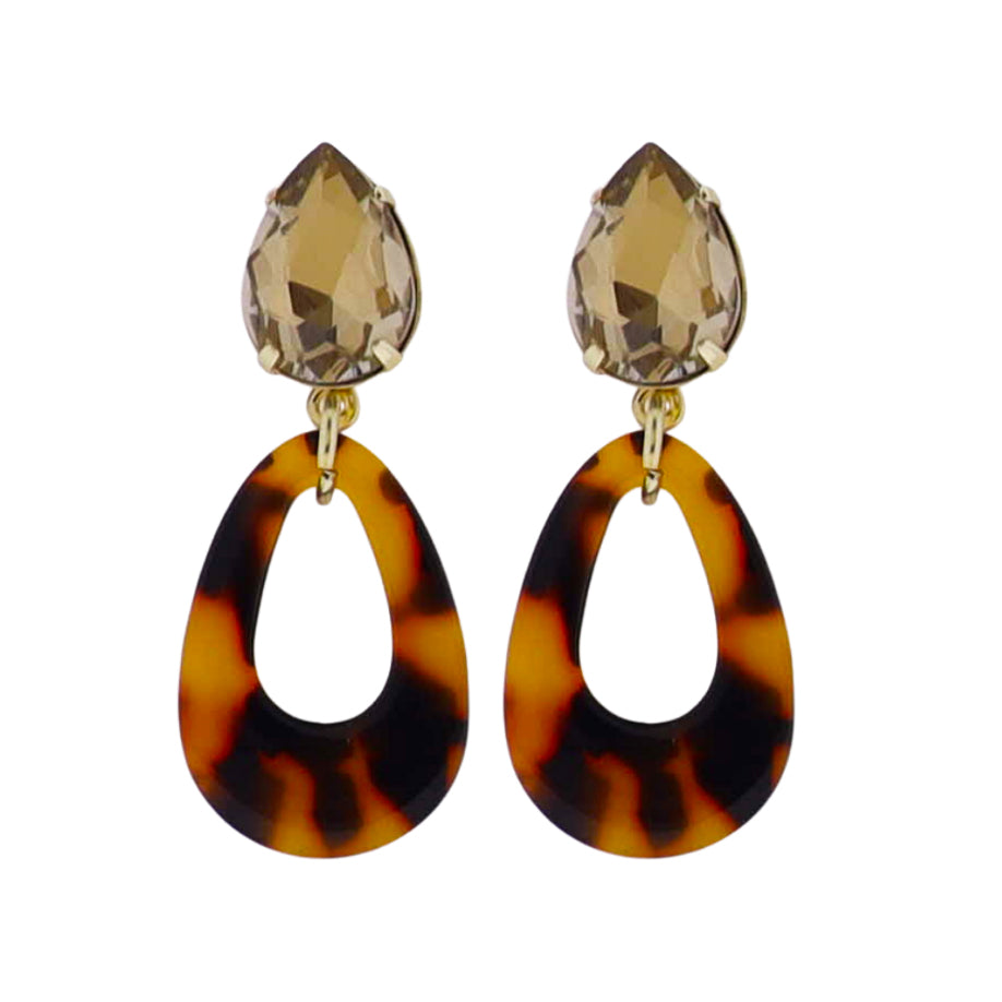 Champagne Crystal Teardrop Post Earring with Tortoise Open Teardrop