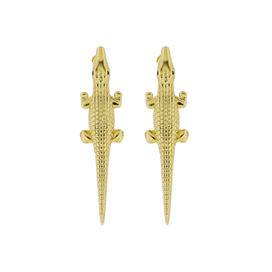 Gold Alligator Earring with Green Crystal Eyes